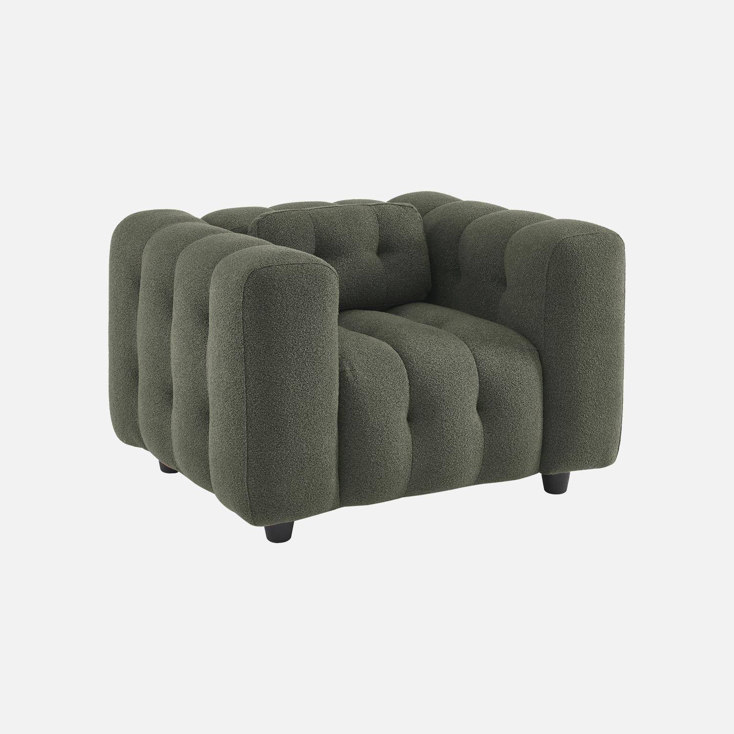 Fauteuil 1 place en bouclette texturée capitonné kaki foncé structure bois d'eucalyptus et contreplaqué  Photo3