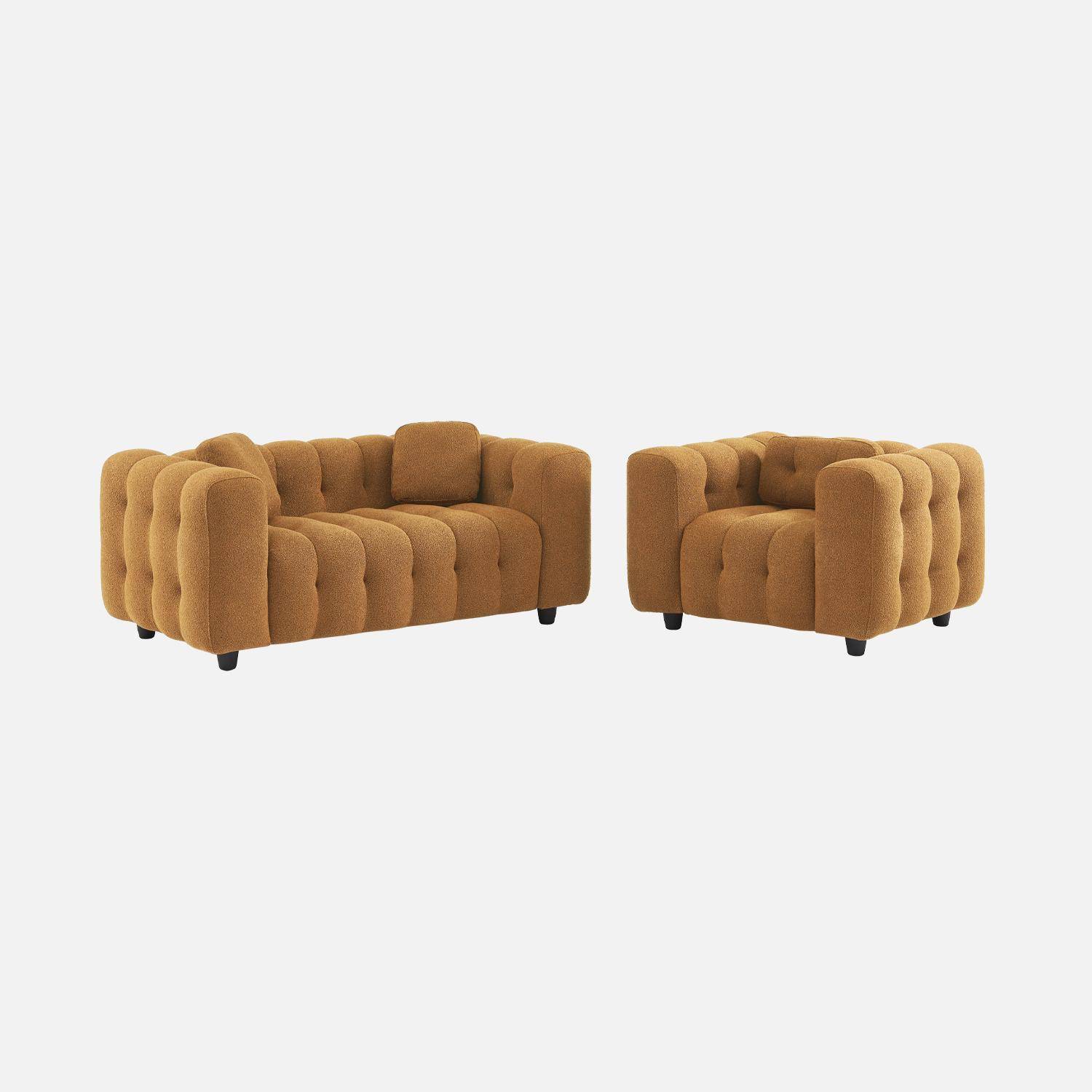 Fauteuil 1 place en bouclette texturée capitonné moutarde structure bois d'eucalyptus et contreplaqué  Photo5