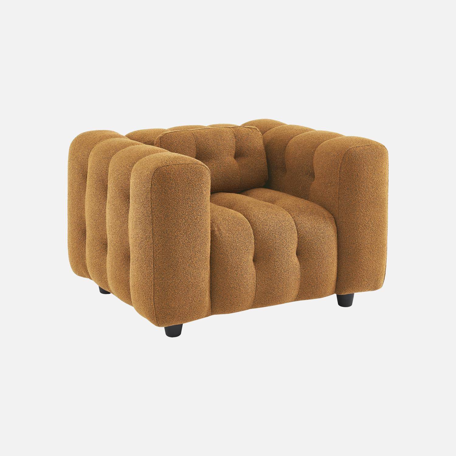 Fauteuil 1 place en bouclette texturée capitonné moutarde structure bois d'eucalyptus et contreplaqué  Photo3
