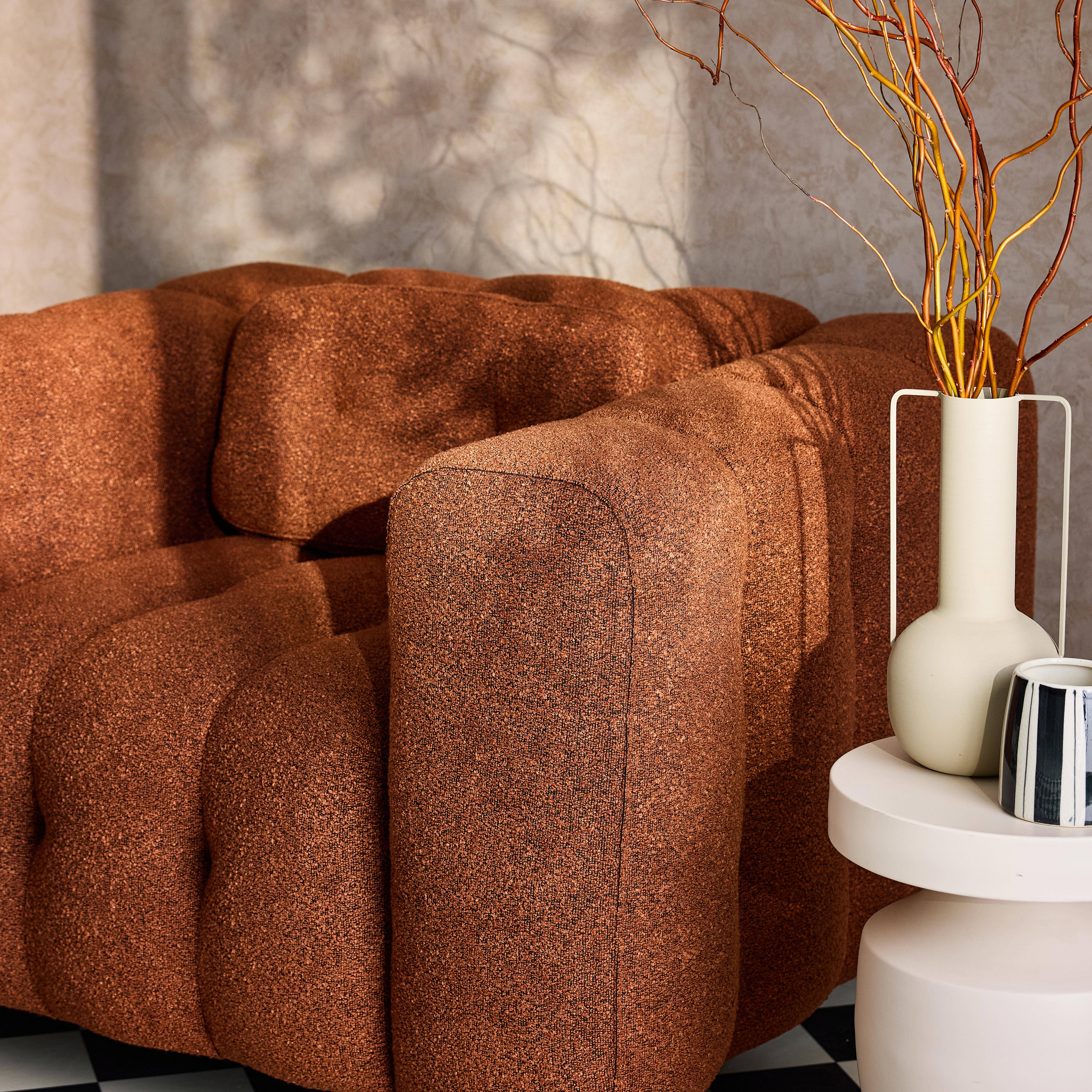 Fauteuil 1 place en bouclette texturée capitonné terracotta structure bois d'eucalyptus et contreplaqué  Photo2