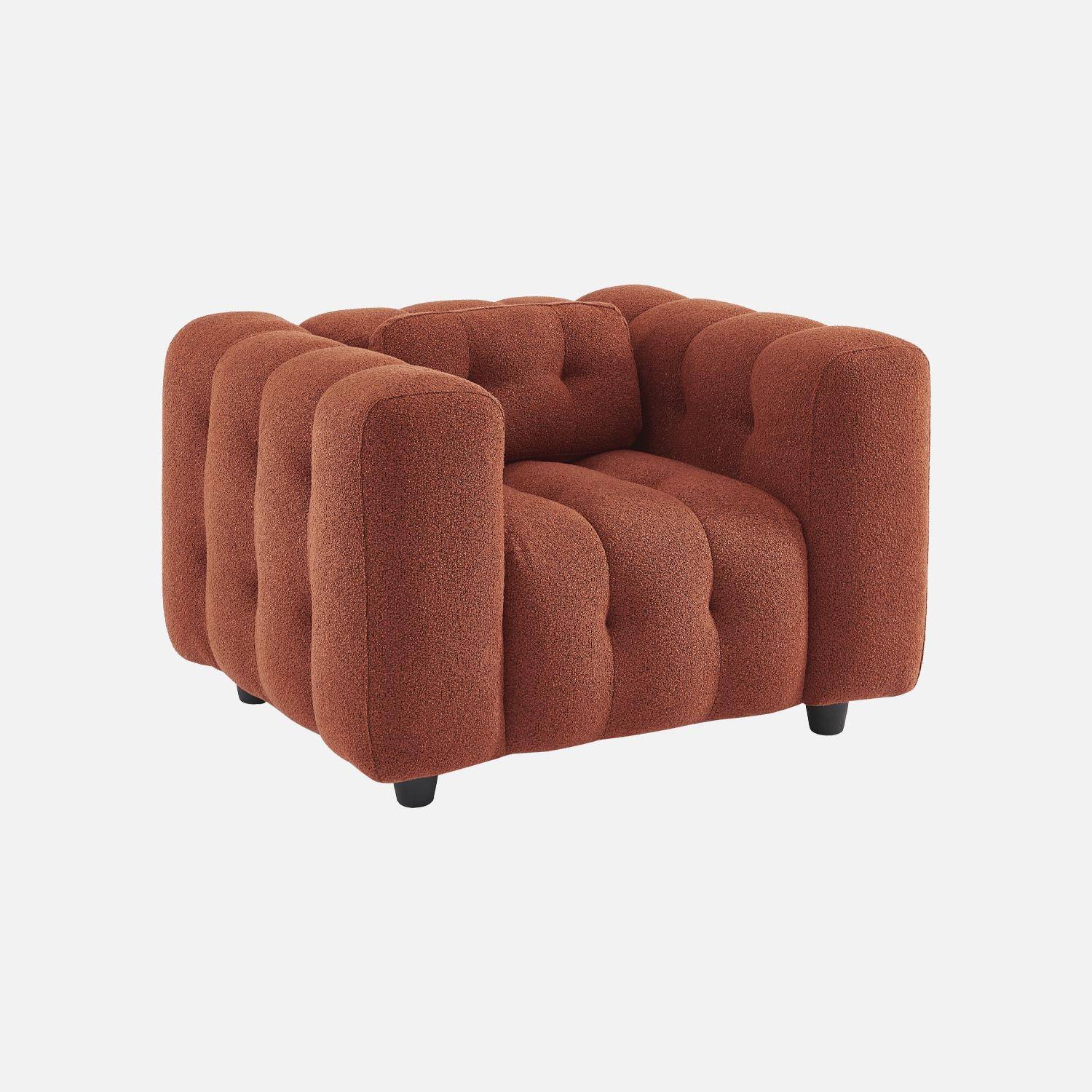 Fauteuil 1 place en bouclette texturée capitonné terracotta structure bois d'eucalyptus et contreplaqué  Photo3