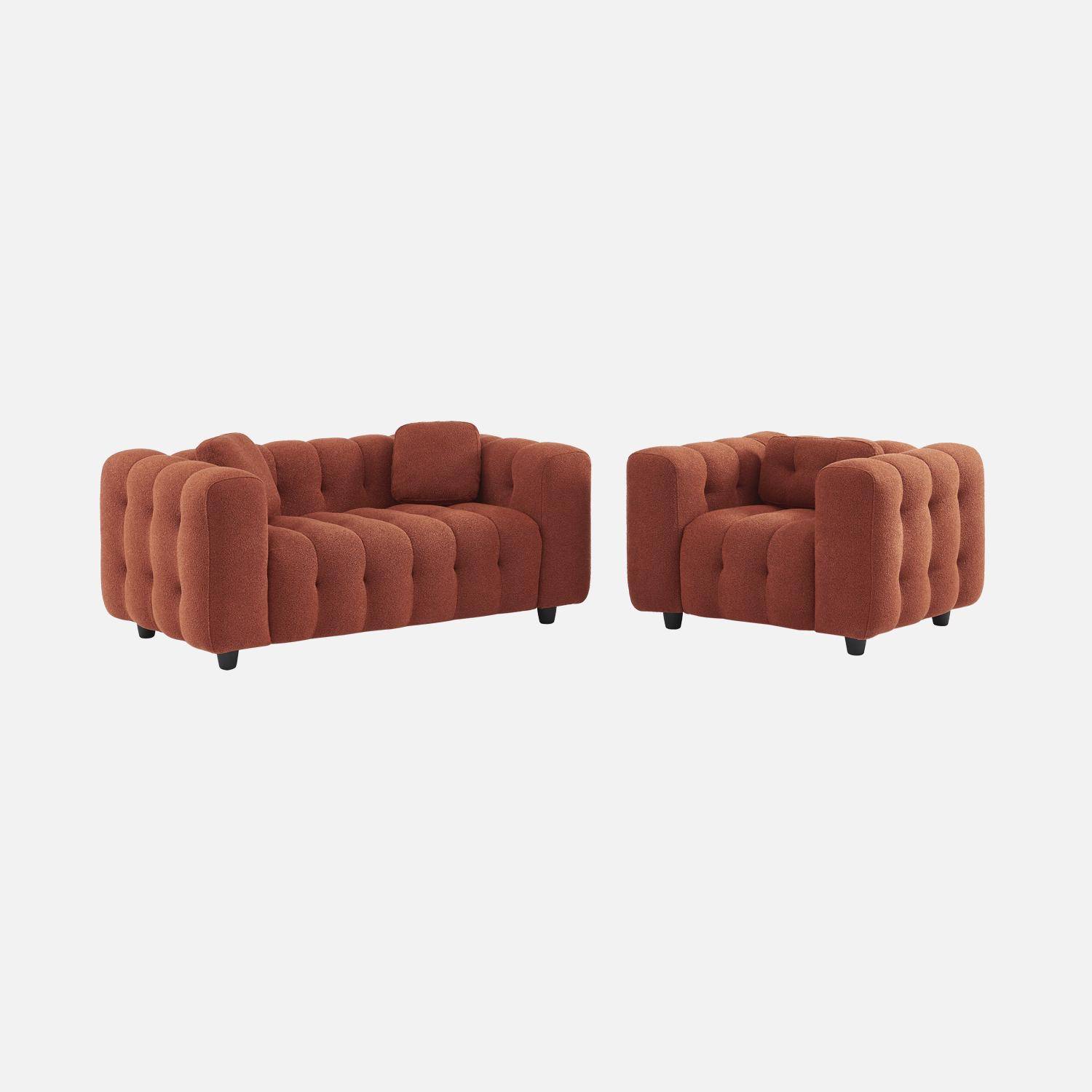 Fauteuil 1 place en bouclette texturée capitonné terracotta structure bois d'eucalyptus et contreplaqué  Photo5