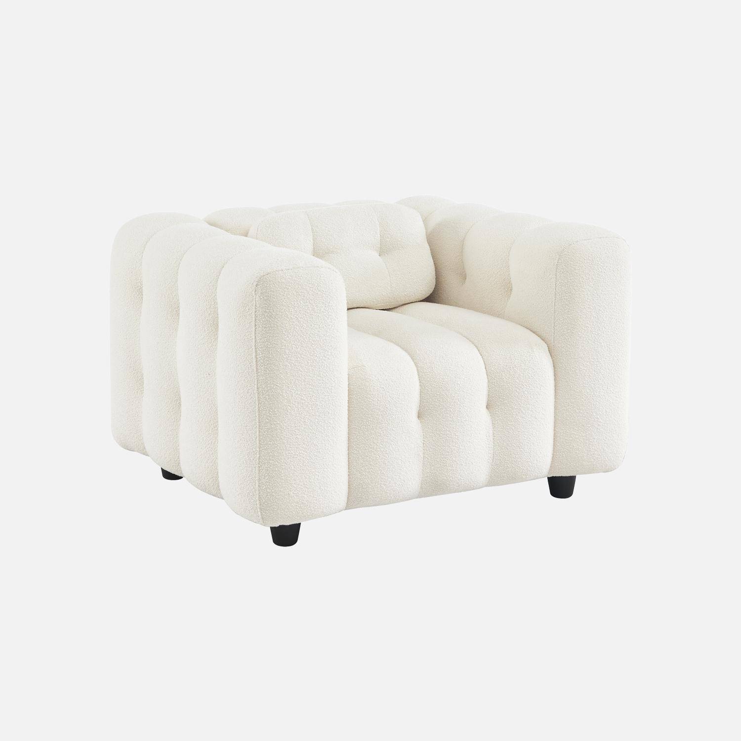 Fauteuil 1 place en bouclette texturée capitonné blanc structure bois d'eucalyptus et contreplaqué ,sweeek,Photo3