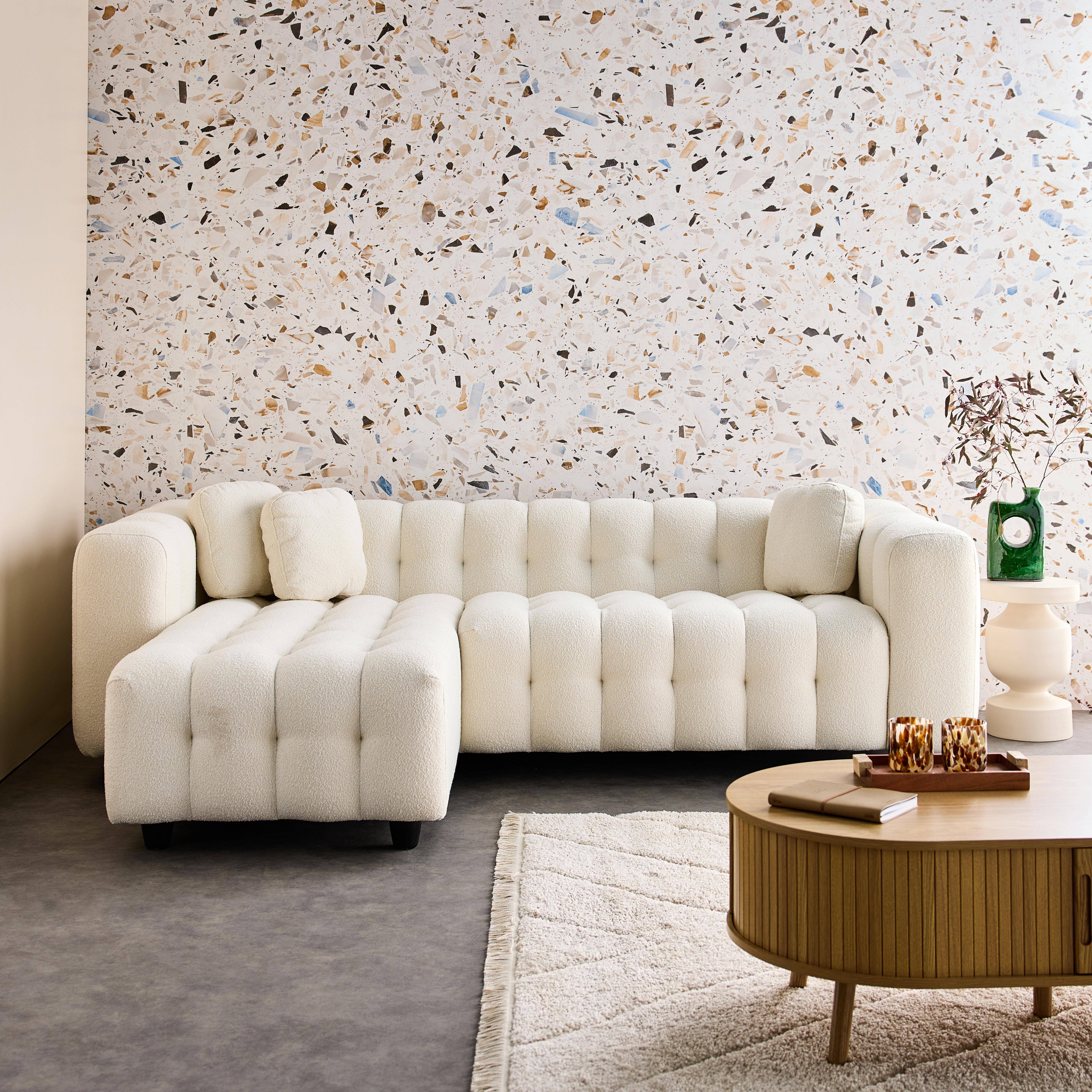 Verstelbare hoekbank, 3-4 zits, beige, boucléstof, eucalyptushout en multiplex structuur Photo2