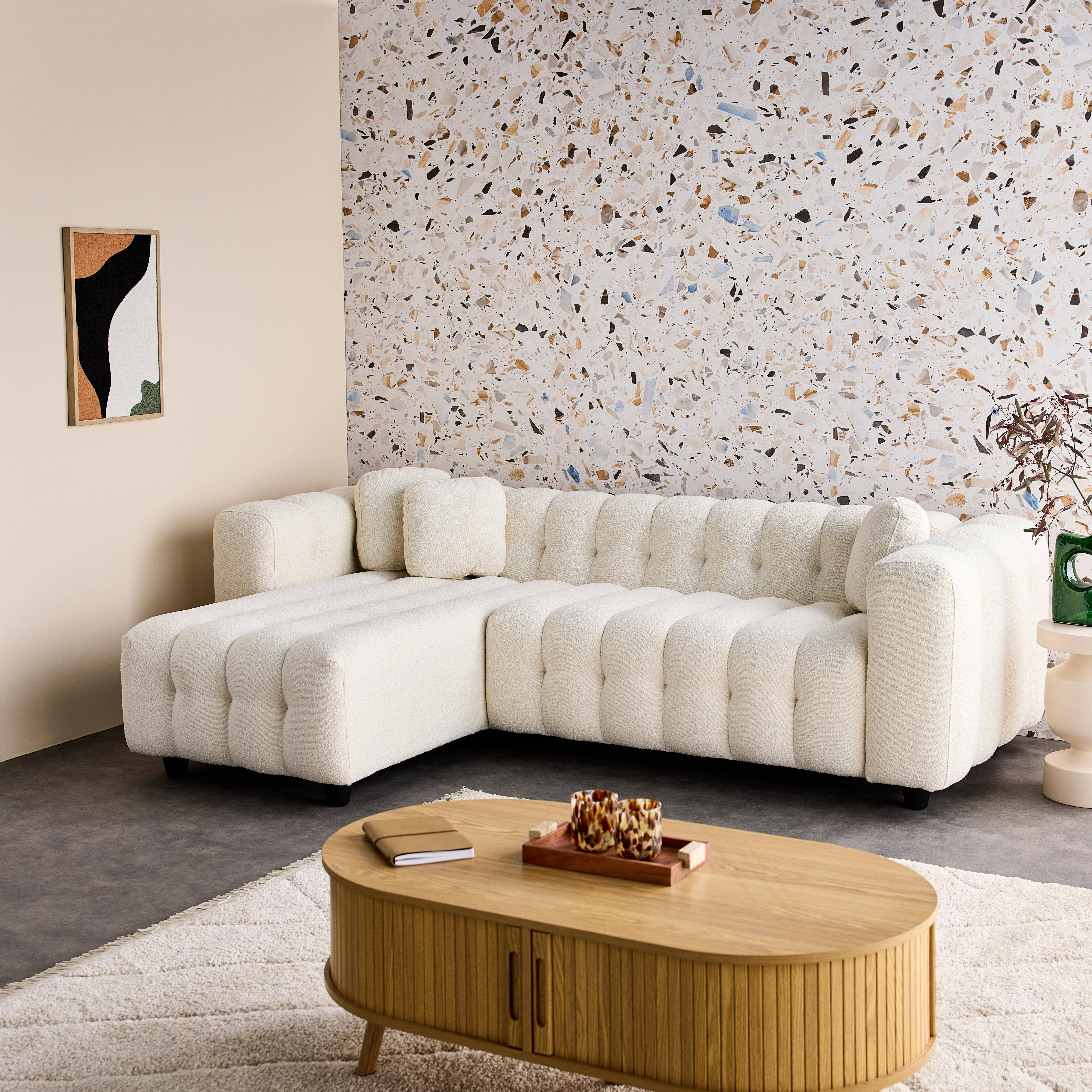Verstelbare hoekbank, 3-4 zits, beige, boucléstof, eucalyptushout en multiplex structuur Photo1