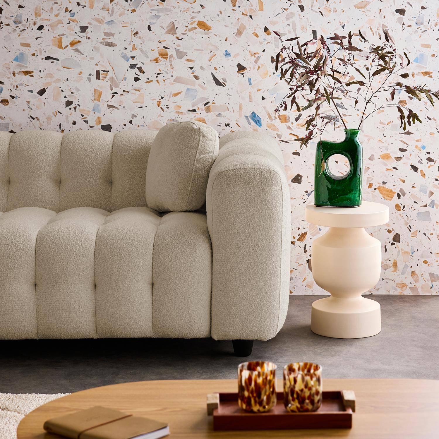 Canapé d'angle réversible 3-4 places bouclette texturée, beige, capitonné structure bois d'eucalyptus et contreplaqué  Photo3