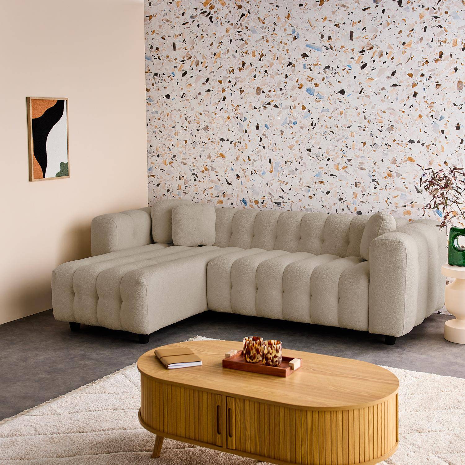 Canapé d'angle réversible 3-4 places bouclette texturée, beige, capitonné structure bois d'eucalyptus et contreplaqué  Photo2