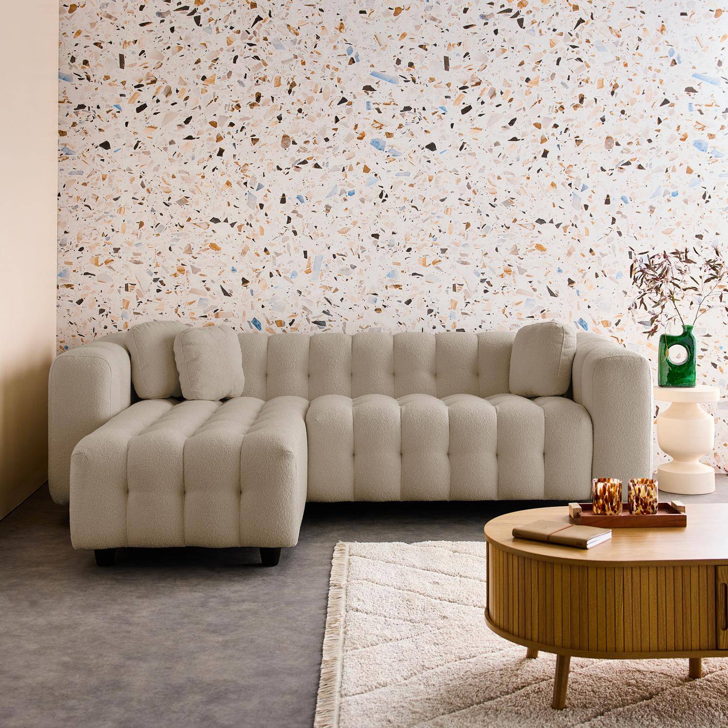 Canapé d'angle réversible 3-4 places bouclette texturée, beige, capitonné structure bois d'eucalyptus et contreplaqué  Photo1