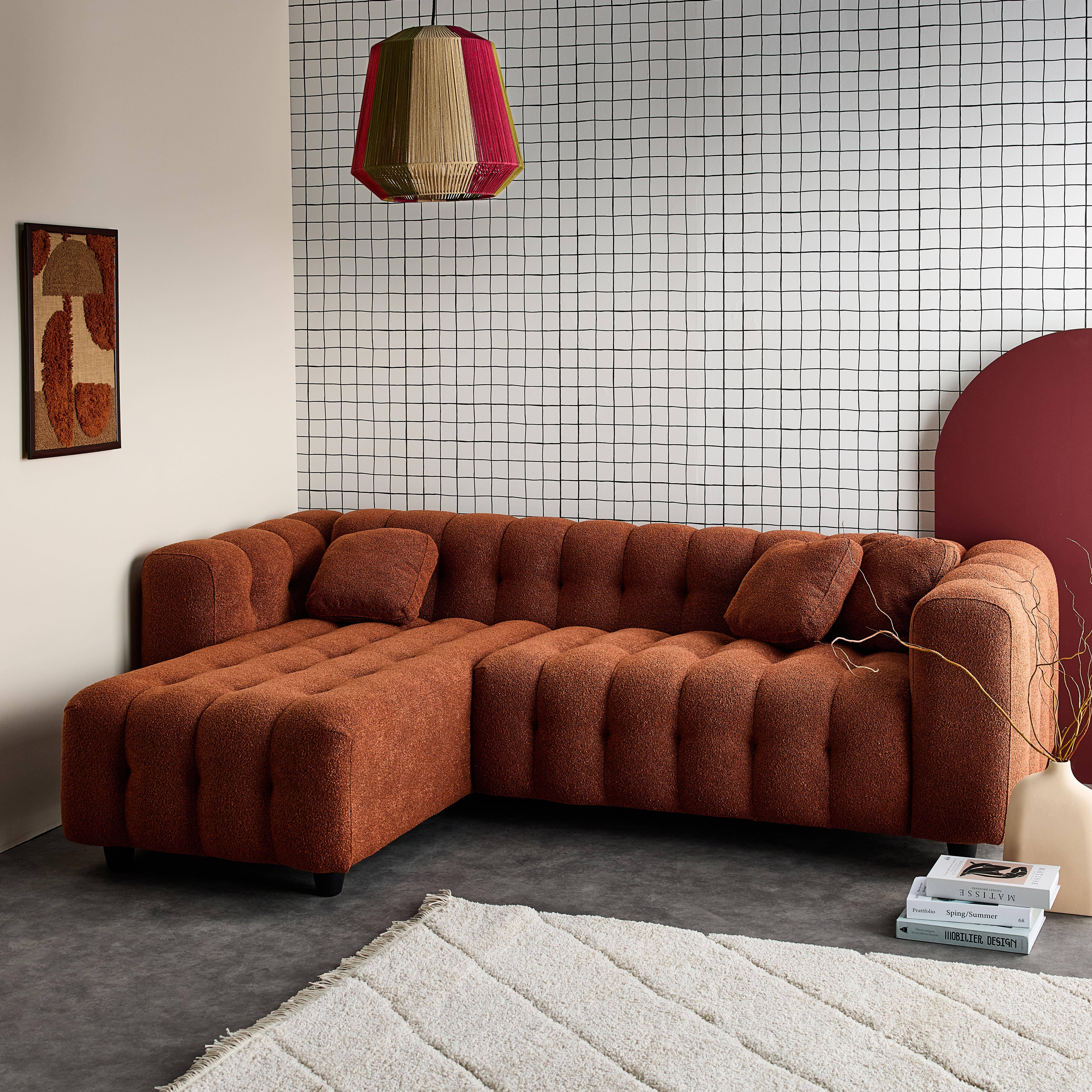 Canapé d'angle réversible 3-4 places bouclette texturée, terracotta, capitonné structure bois d'eucalyptus et contreplaqué  Photo2