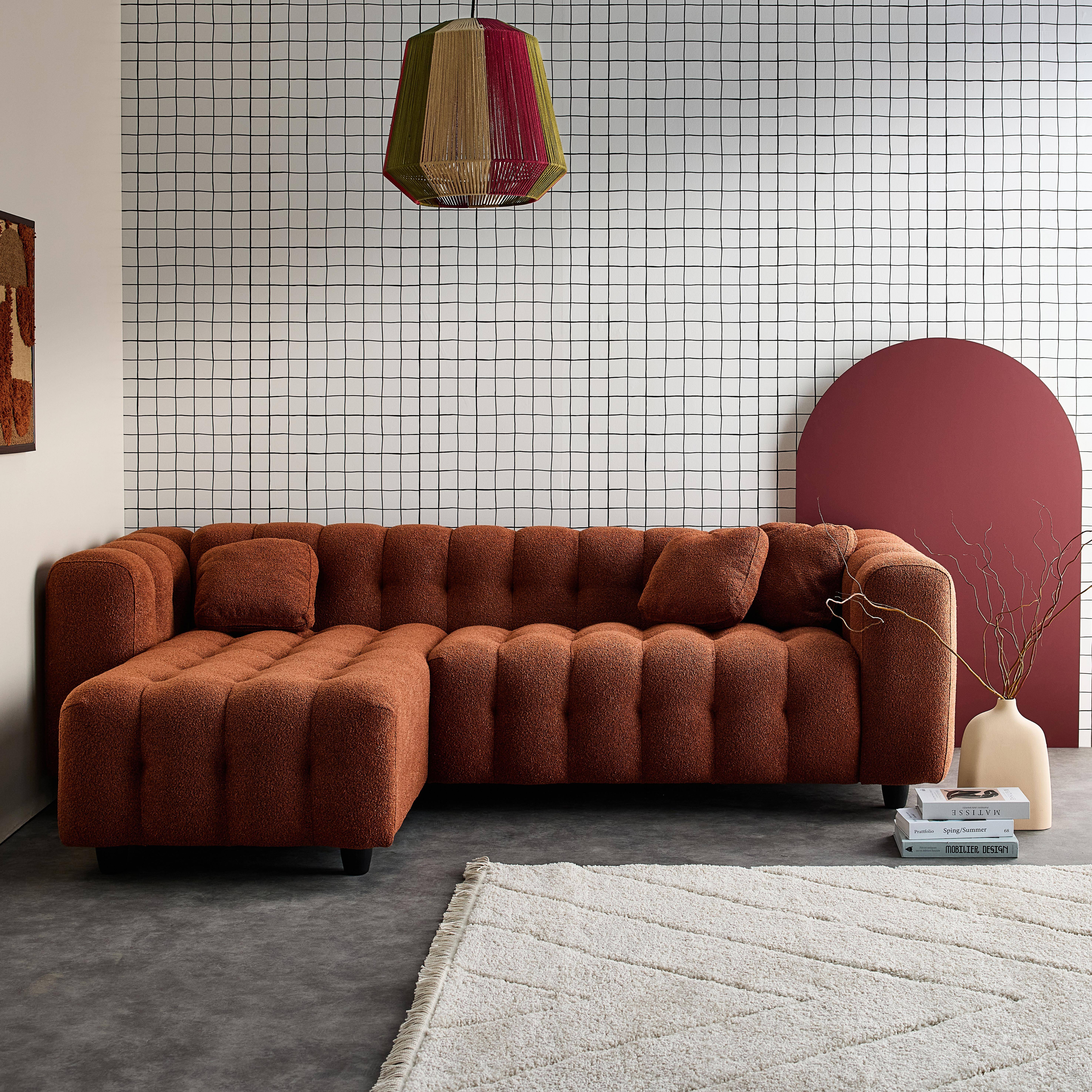 Canapé d'angle réversible 3-4 places bouclette texturée, terracotta, capitonné structure bois d'eucalyptus et contreplaqué  Photo1