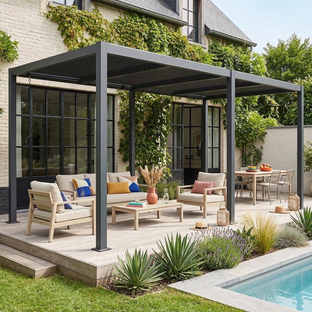 Pérgola bioclimática 3x6m em alumínio e aço com lâminas ajustáveis Antracite - 574x292x231 cm Photo1