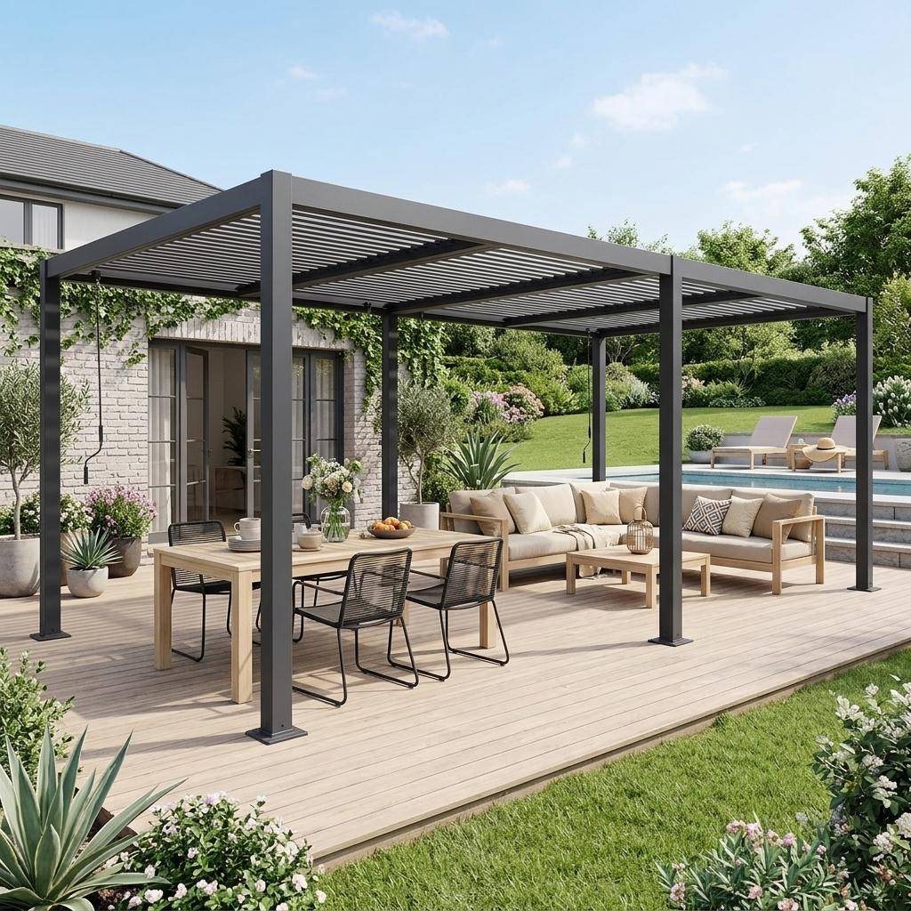 Pérgola bioclimática 3x6m de aluminio y acero con lamas orientables Antracita - 574x292x231 cm Photo1