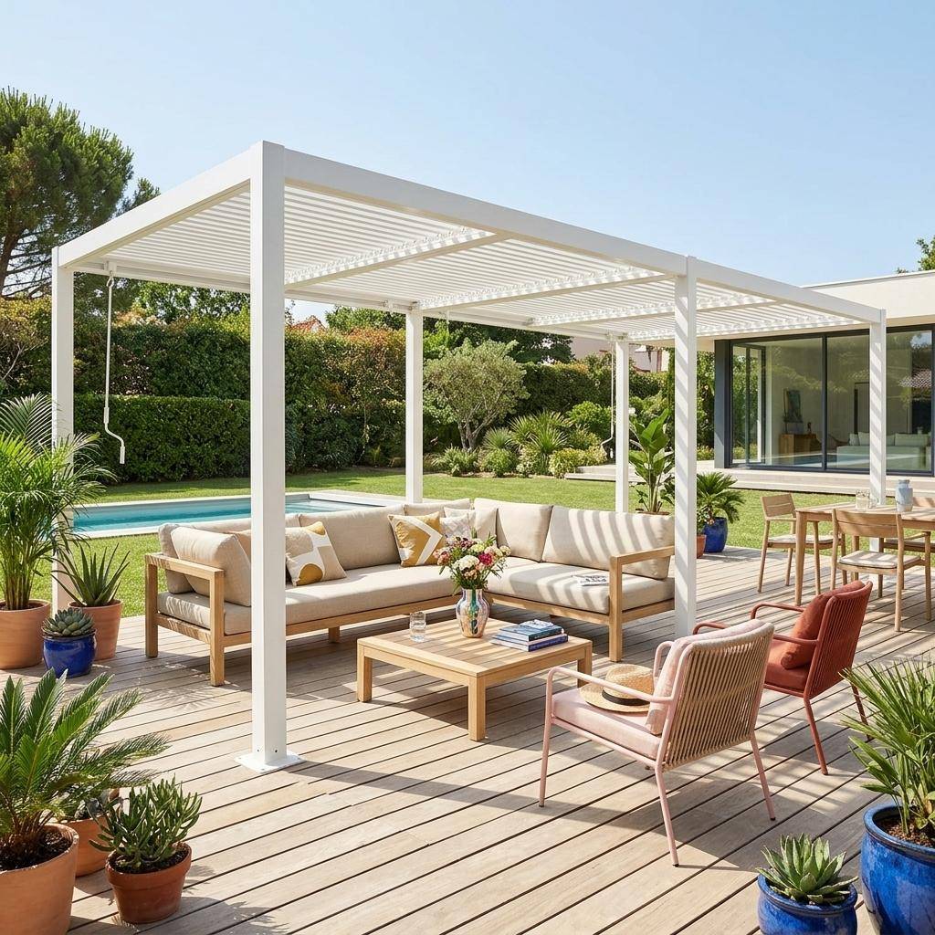 Pérgola bioclimática 3x6m de aluminio y acero con lamas orientables Blanco - 574x292x231 cm Photo1