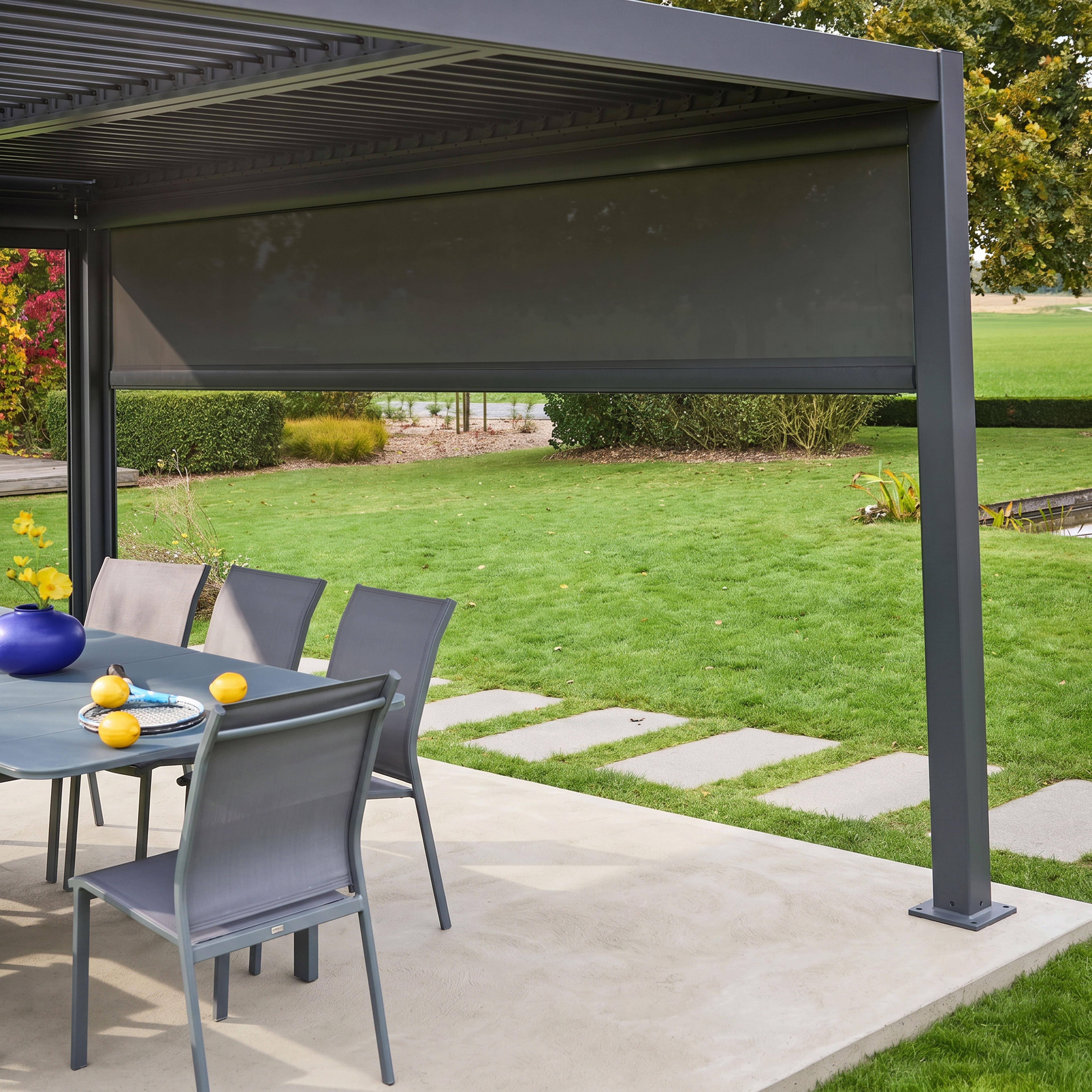 Estor lateral enrollable de aluminio y textileno para pérgola bioclimática, 4m Antracita - 381x209x209 cm Photo2