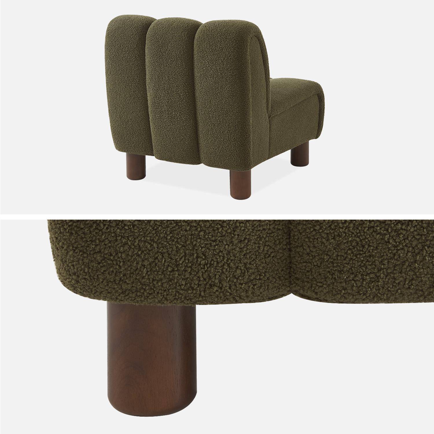 Armchair with rounded wooden legs and khaki bouclette fabric Photo5