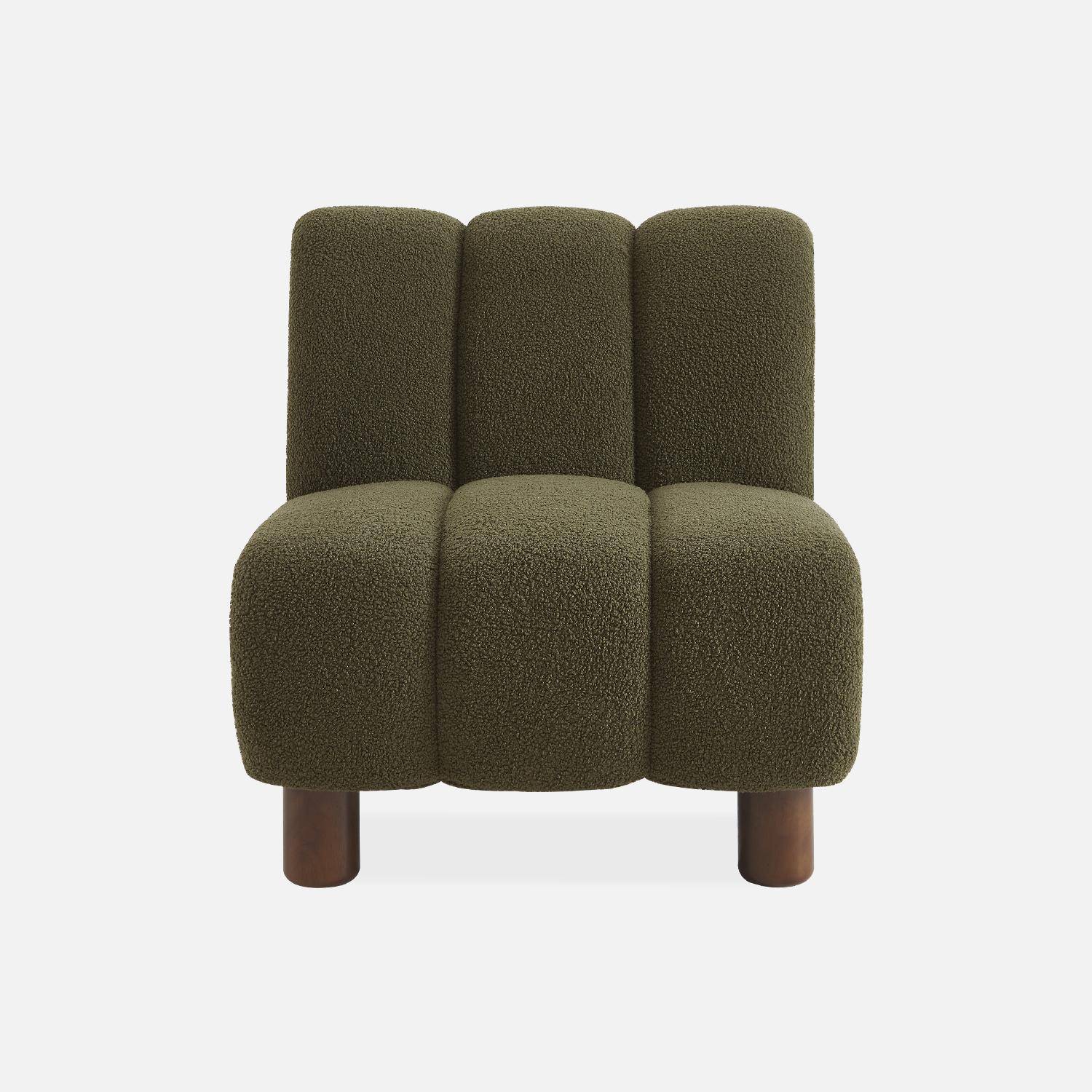Armchair with rounded wooden legs and khaki bouclette fabric Photo4