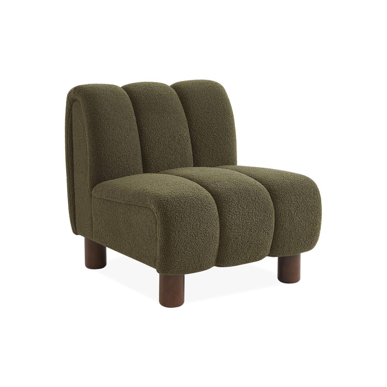Armchair with rounded wooden legs and khaki bouclette fabric Photo3