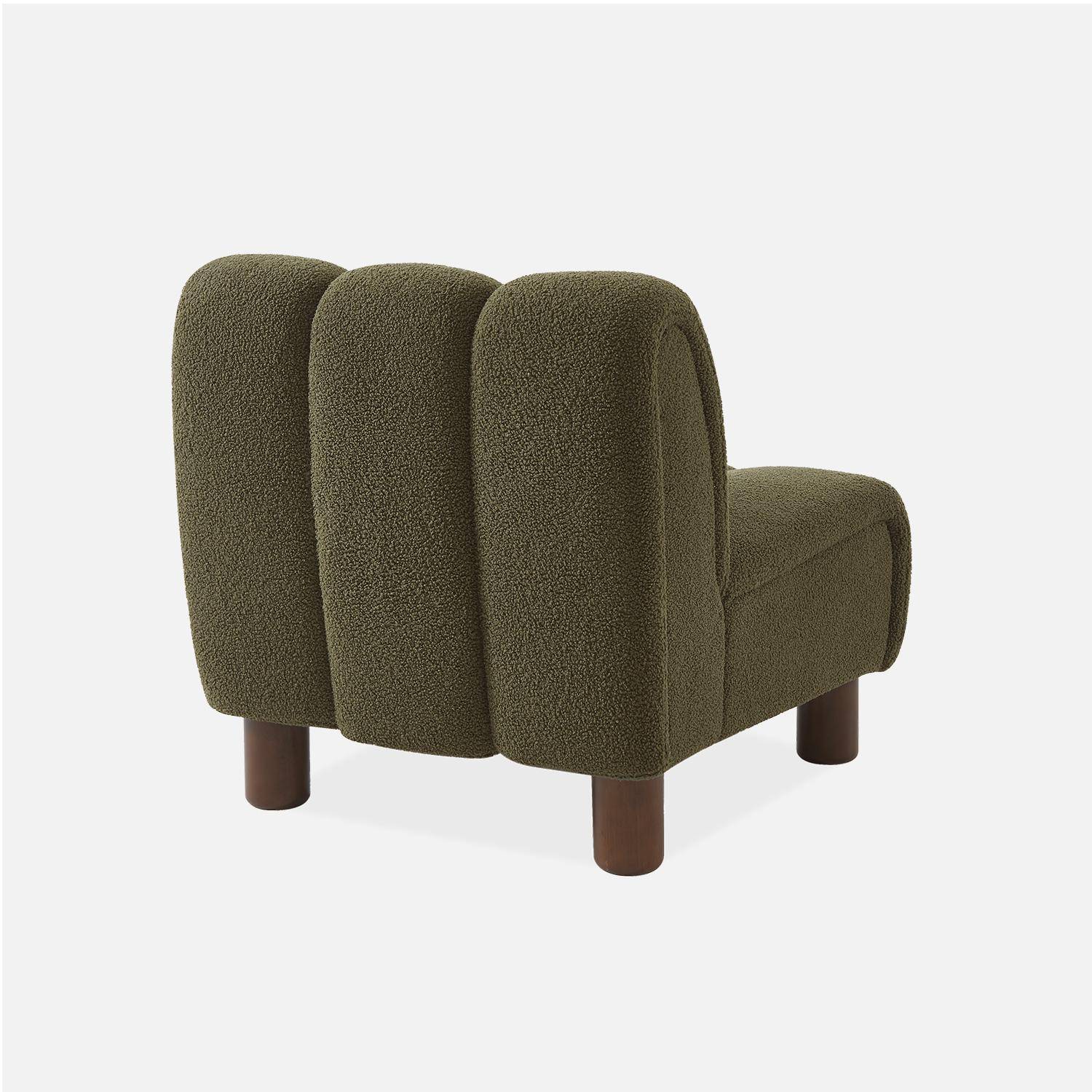 Armchair with rounded wooden legs and khaki bouclette fabric Photo4