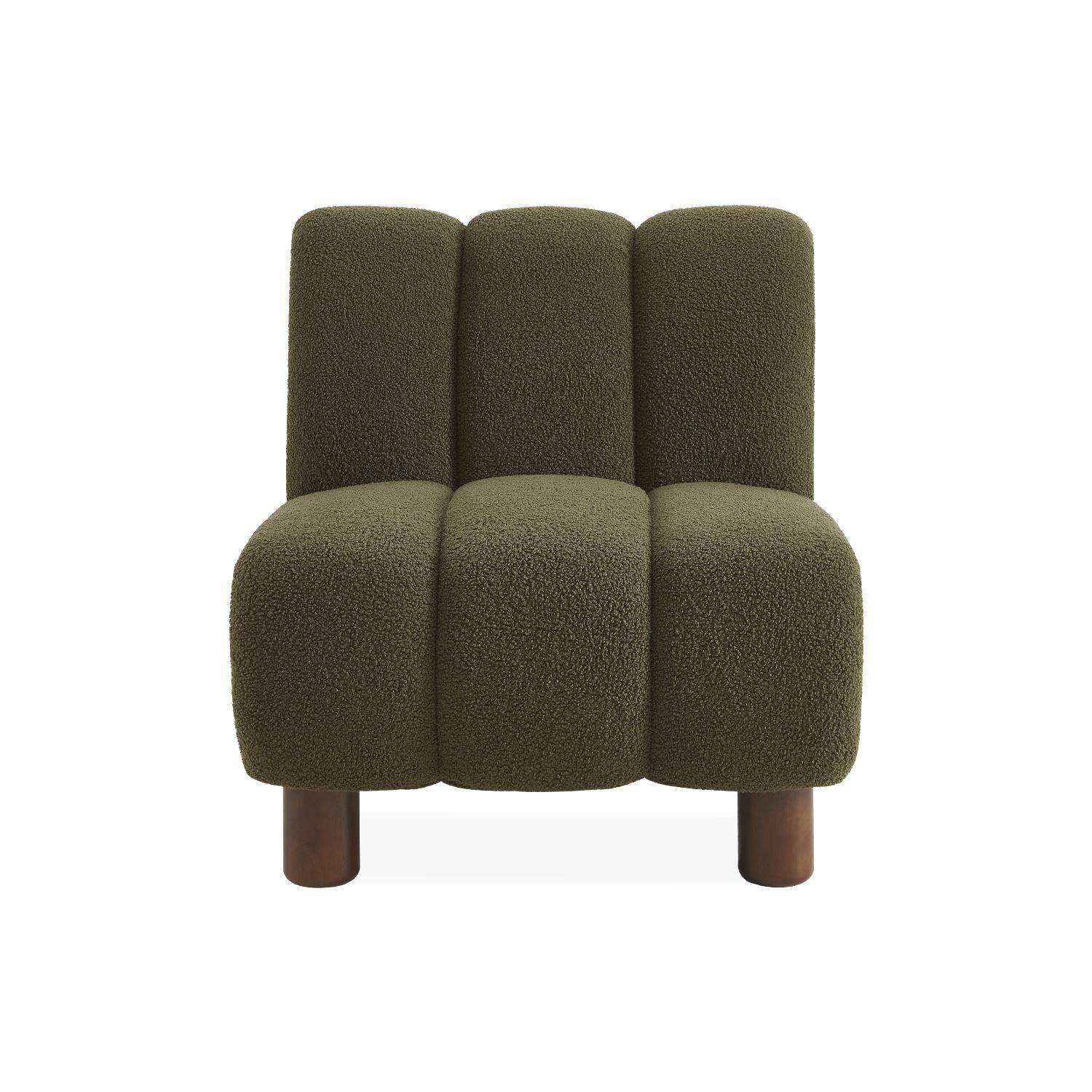 Armchair with rounded wooden legs and khaki bouclette fabric Photo4