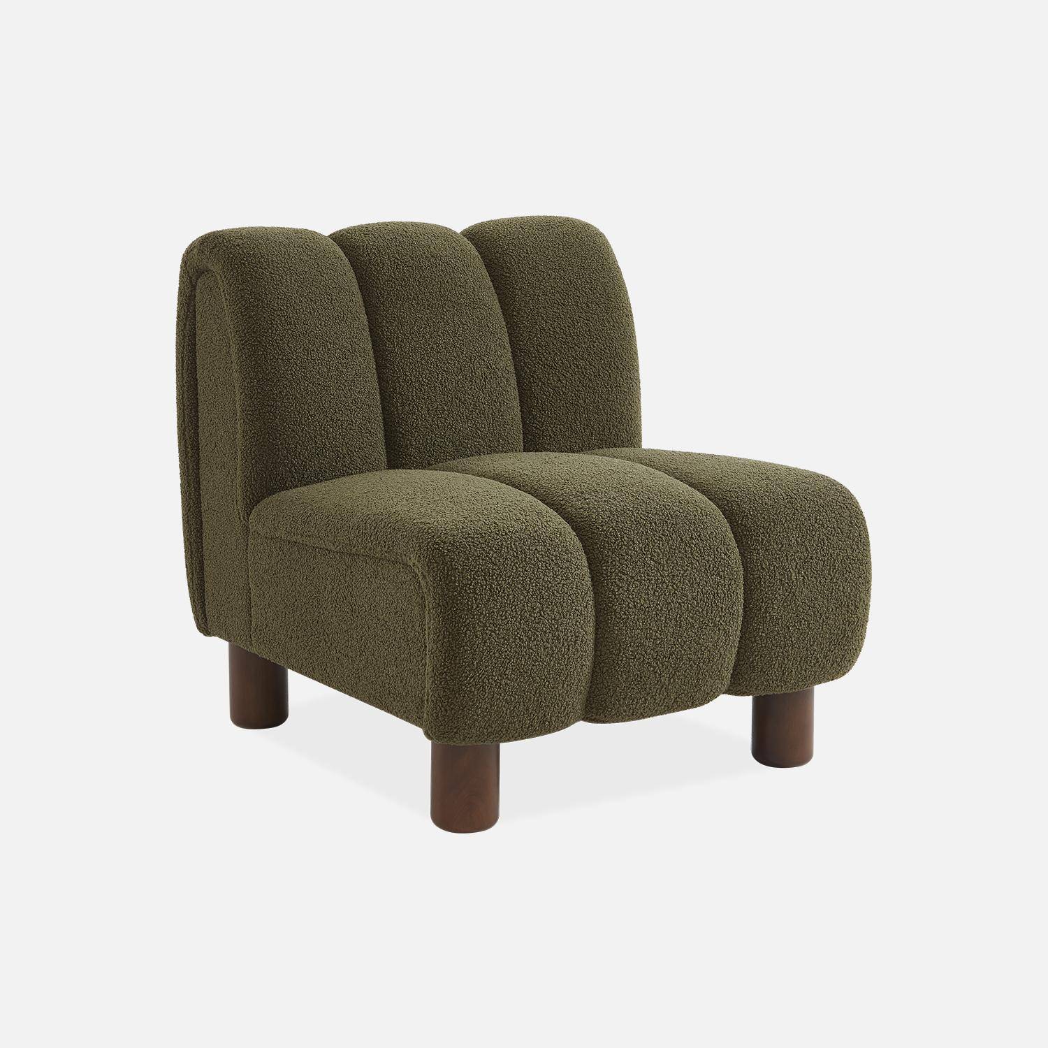 Armchair with rounded wooden legs and khaki bouclette fabric Photo3