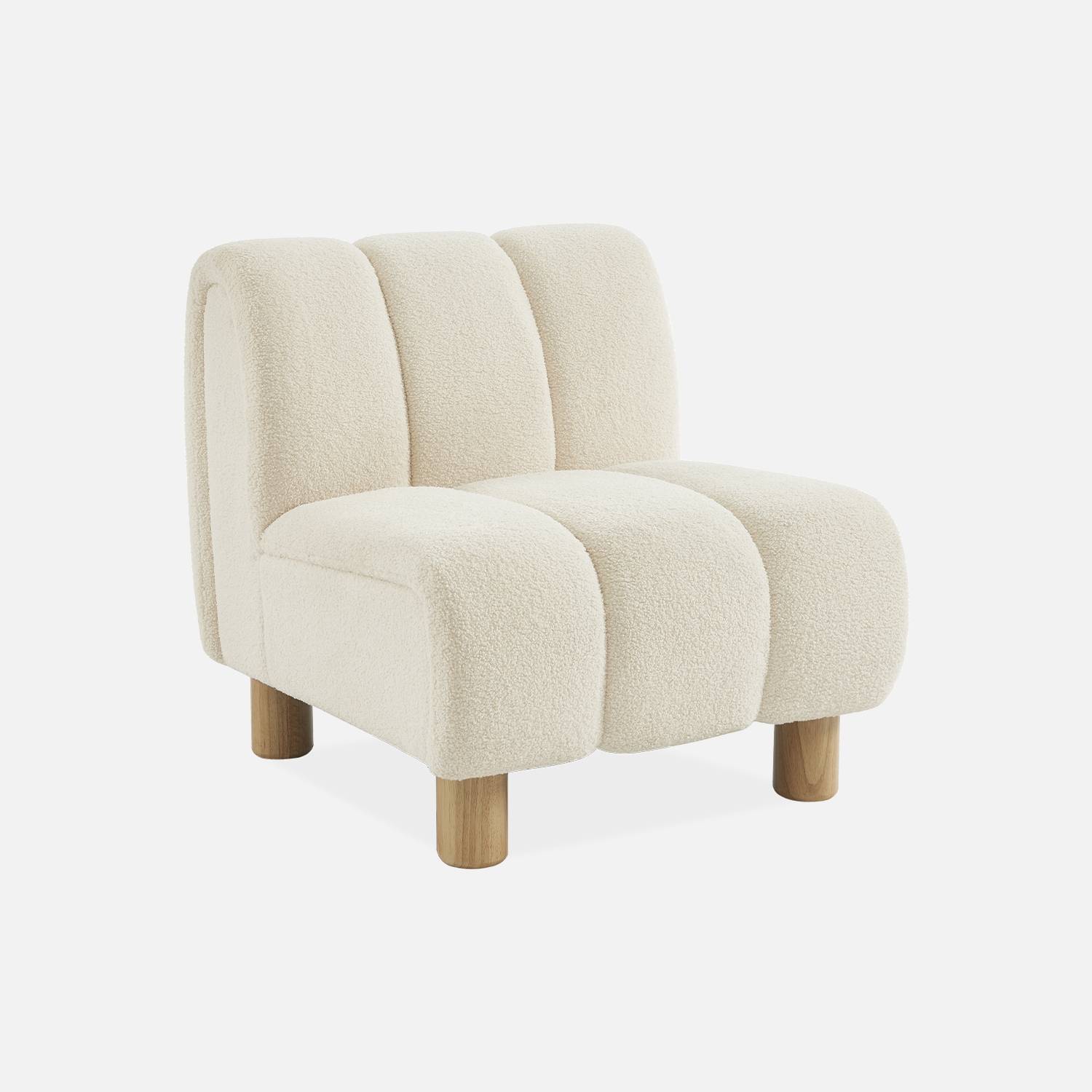 Wooden armchair with rounded legs in boucle fabric, White