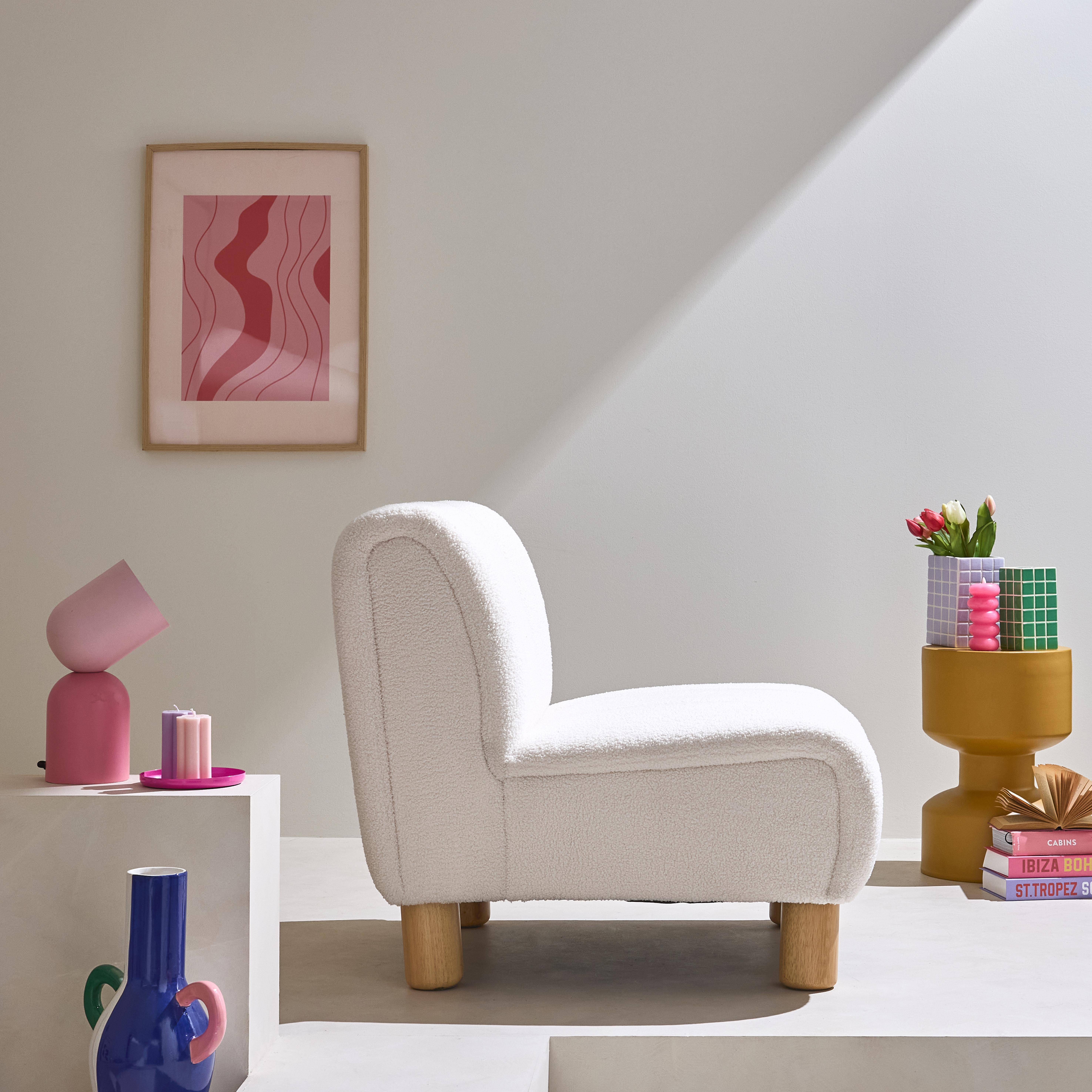 Wooden armchair with rounded legs in boucle fabric, Angel, White, 78x90x79 cm Photo2