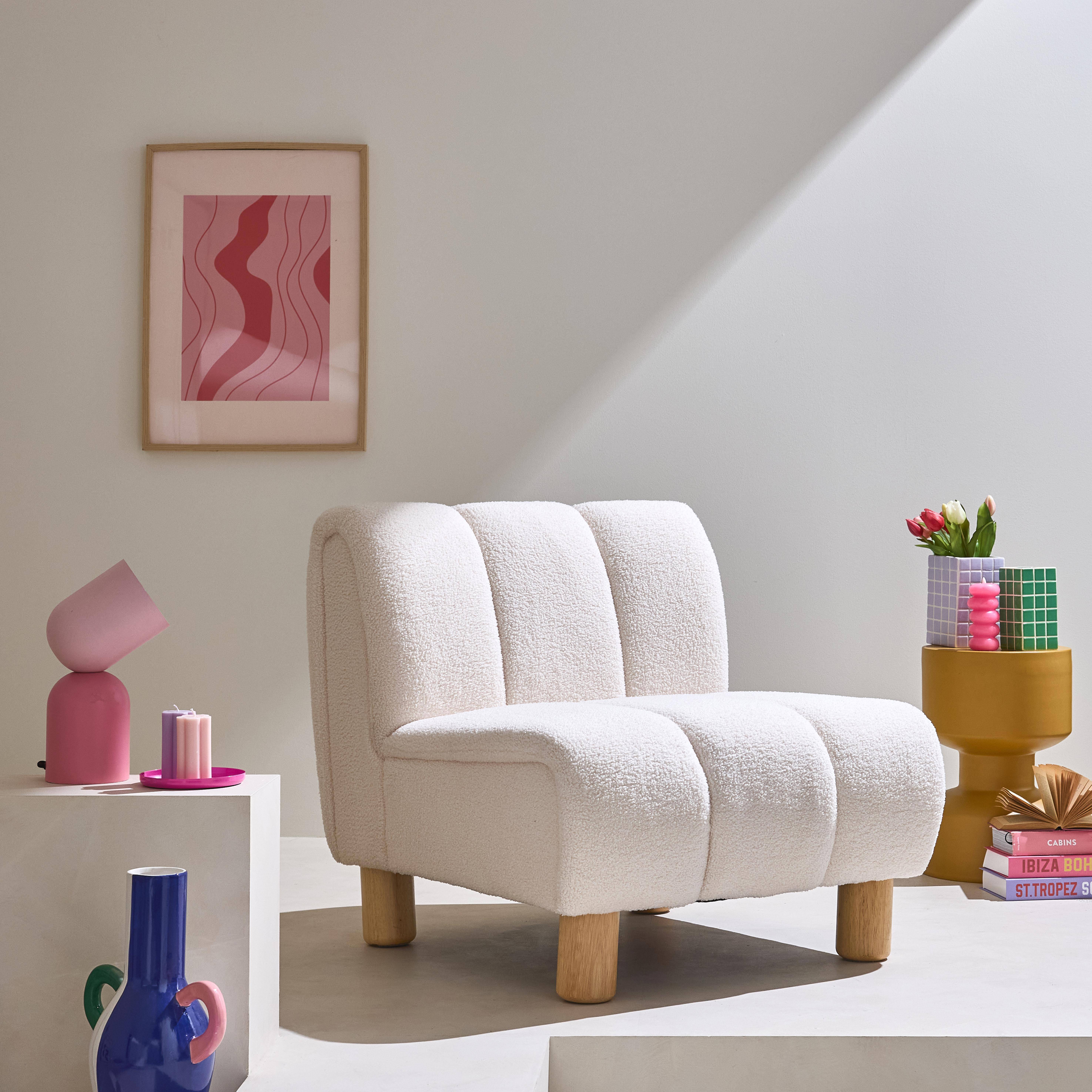 Wooden armchair with rounded legs in boucle fabric, Angel, White, 78x90x79 cm Photo1