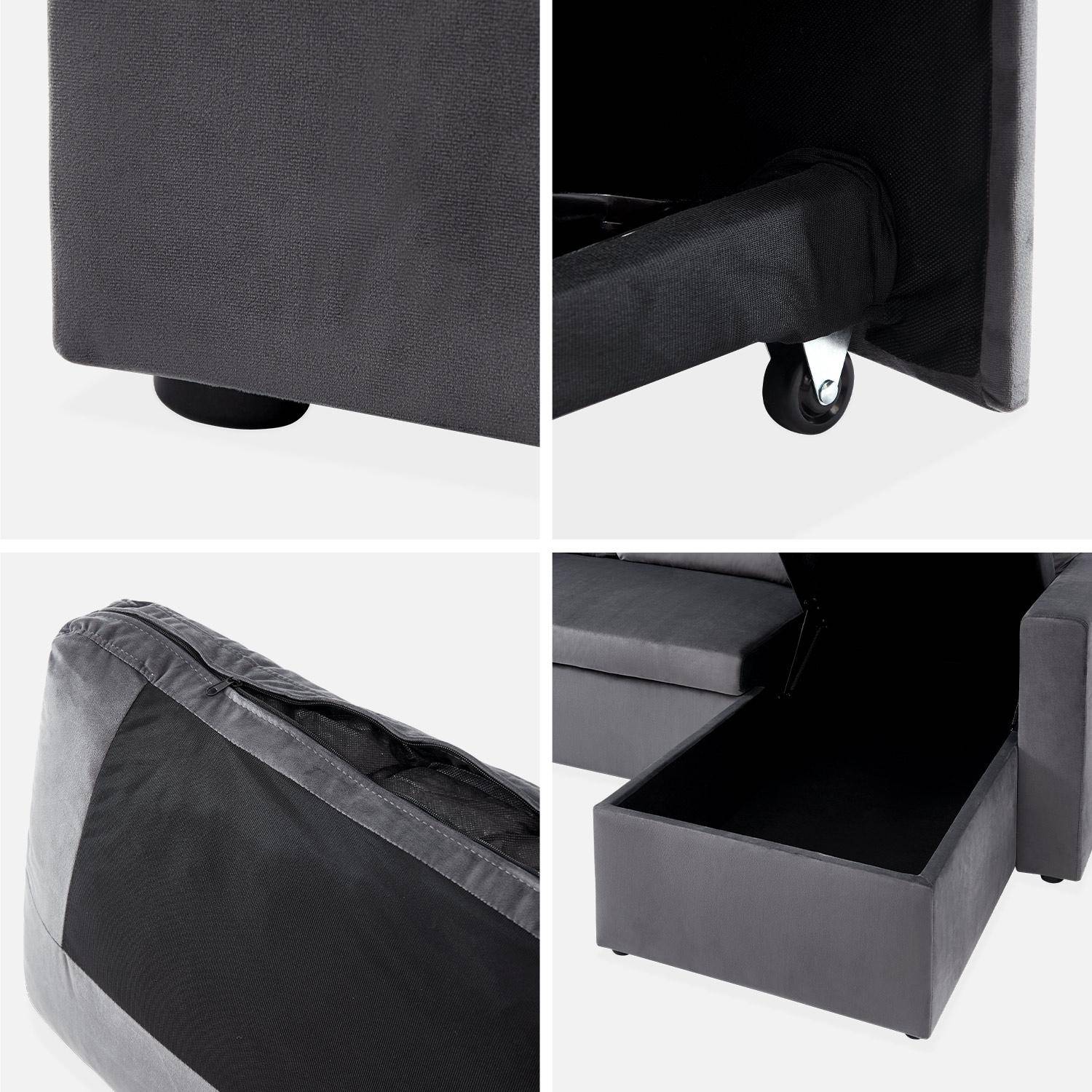 Dark grey velvet 3-seater convertible corner sofa, reversible corner armchair, storage box, modular bed Photo9