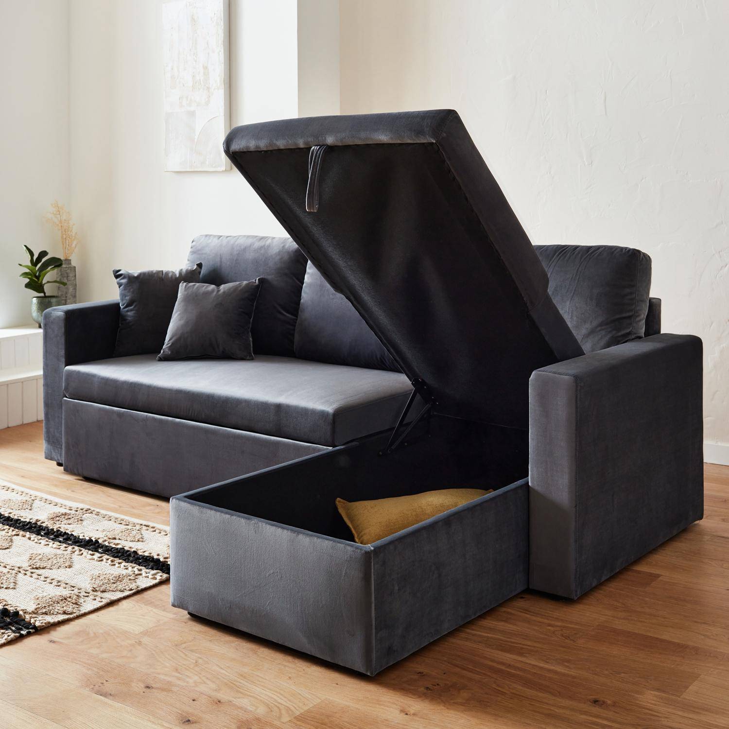 Dark grey velvet 3-seater convertible corner sofa, reversible corner armchair, storage box, modular bed Photo2