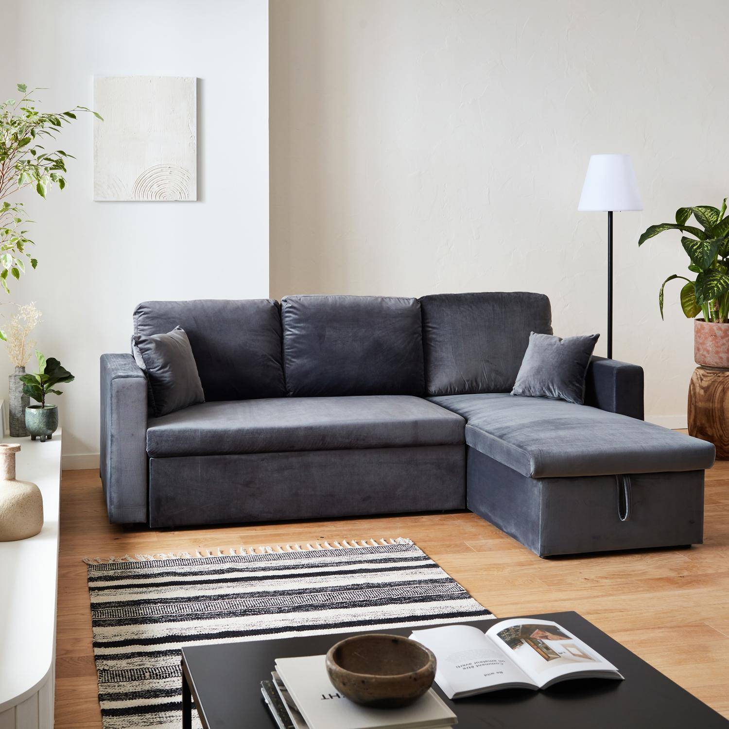 3-seater reversible corner sofa bed with storage, Ida velvet, Charcoal Grey, 219x147x68 cm Photo1