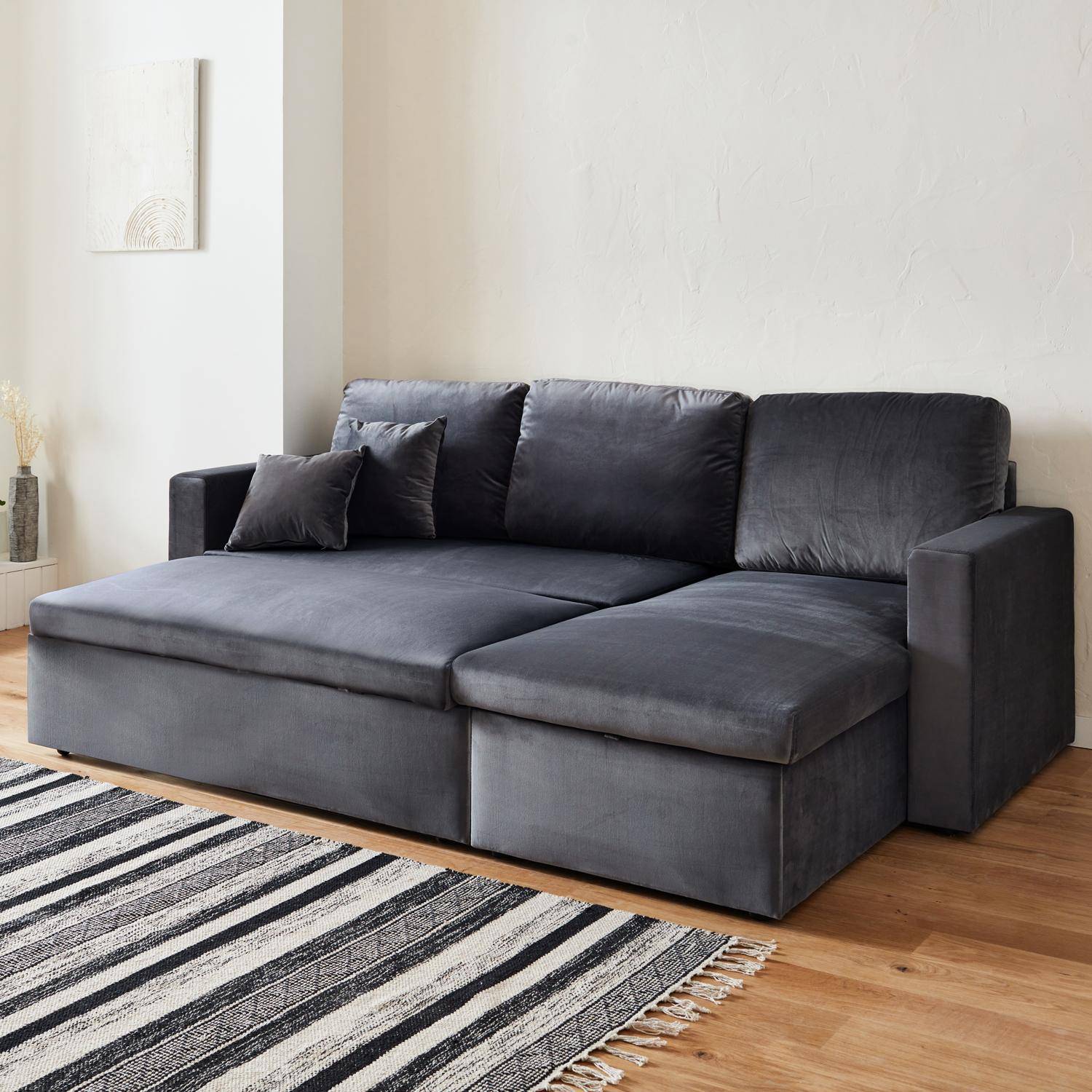 Dark grey velvet 3-seater convertible corner sofa, reversible corner armchair, storage box, modular bed Photo3