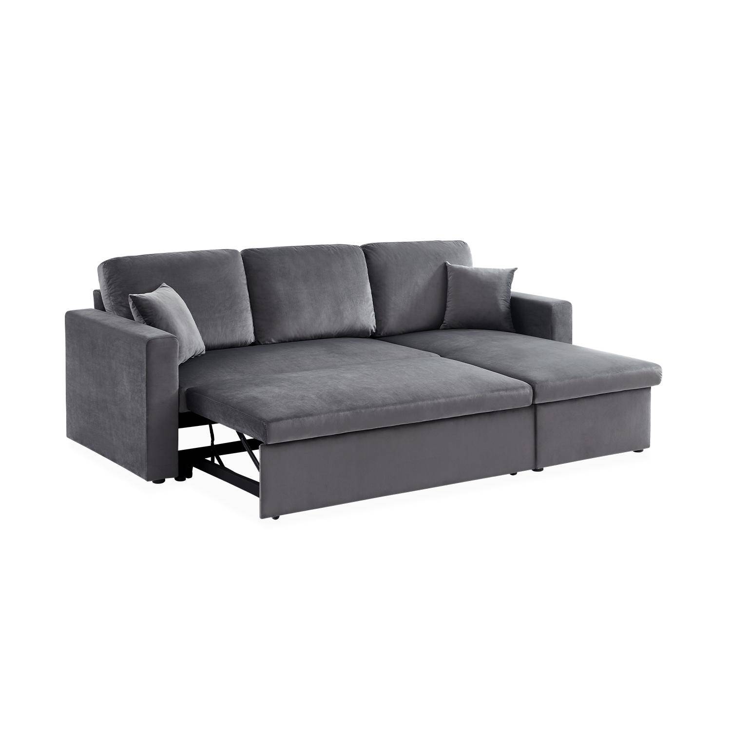 Dark grey velvet 3-seater convertible corner sofa, reversible corner armchair, storage box, modular bed Photo6