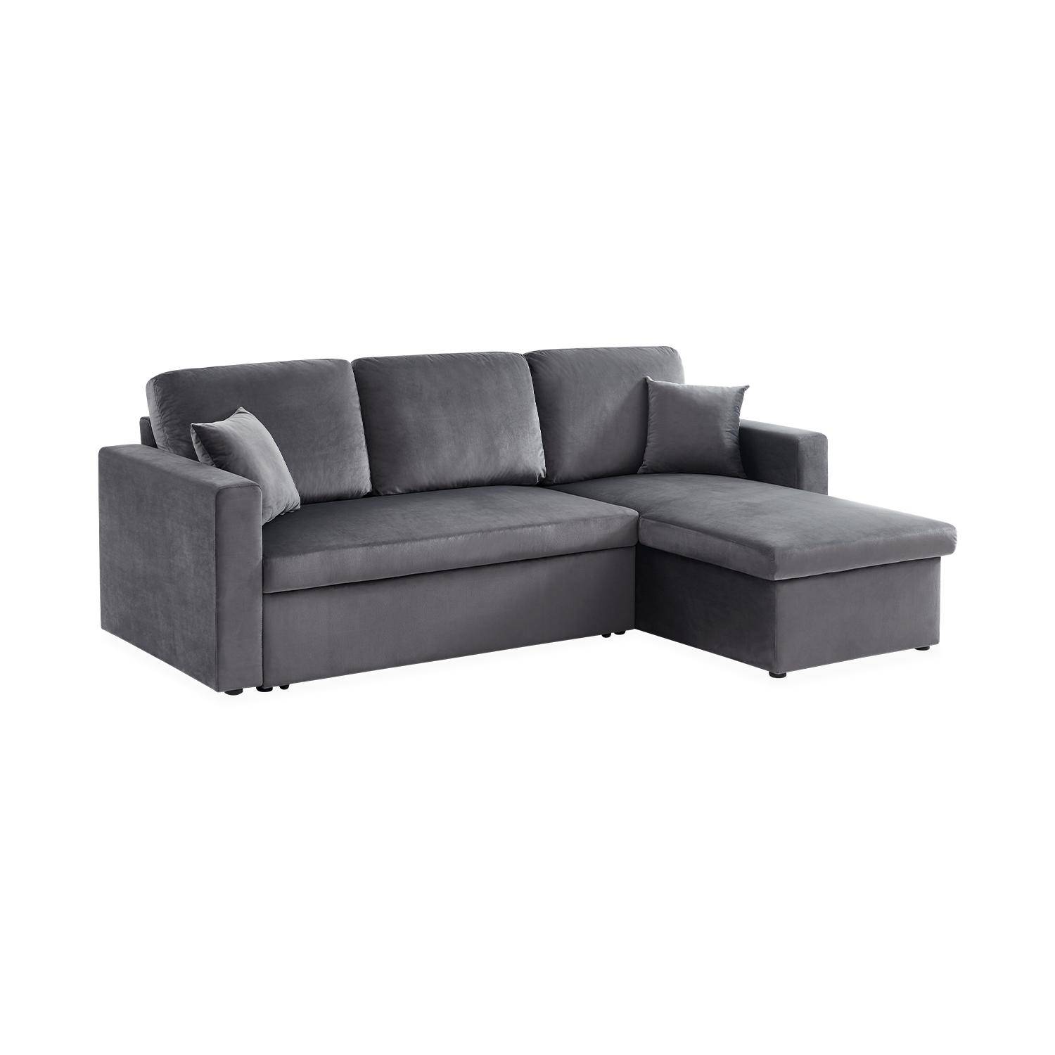 Dark grey velvet 3-seater convertible corner sofa, reversible corner armchair, storage box, modular bed Photo4