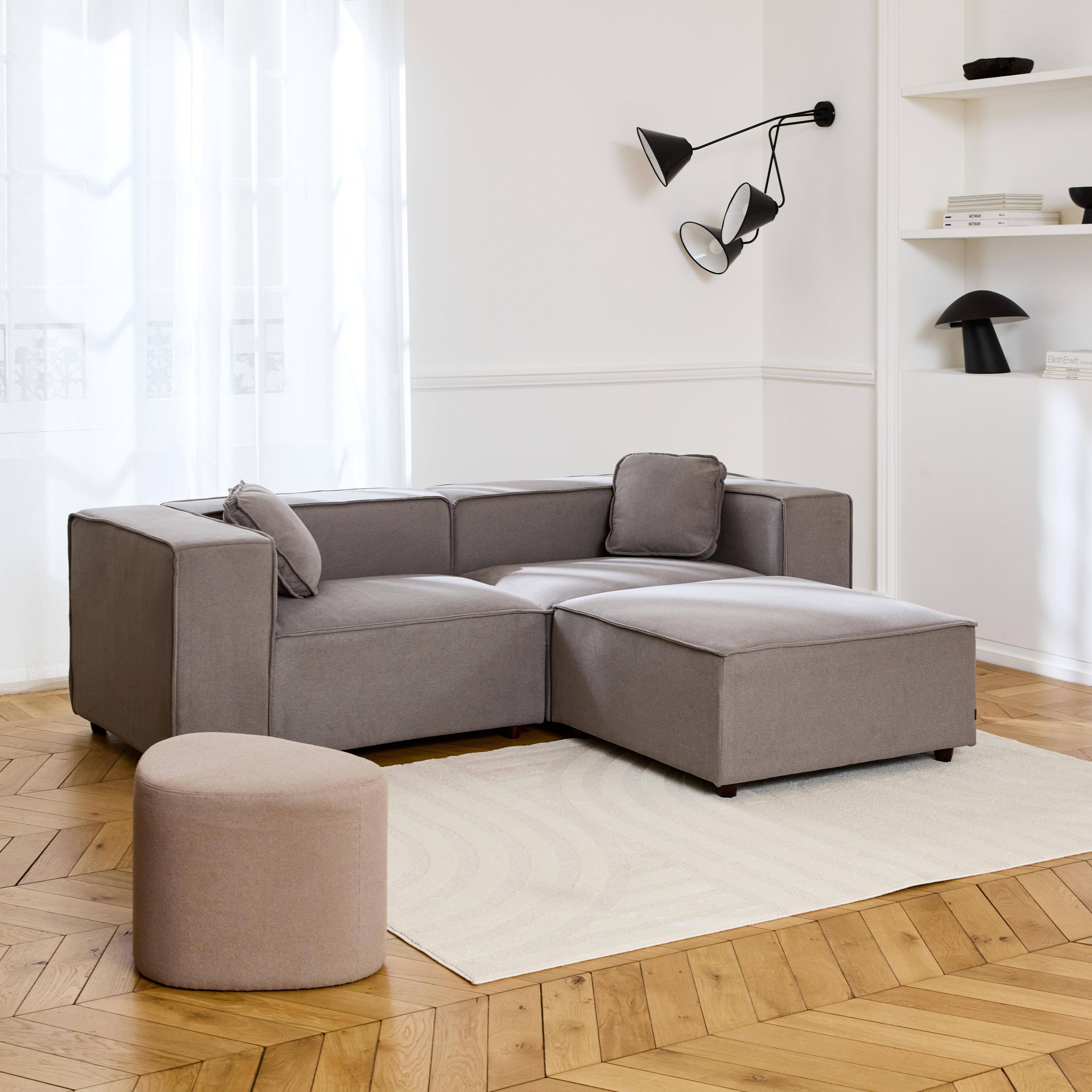 Modular sofa in grey fabric, 2-3 seater, water-repellent, 2 corners + 1 footstool Photo2