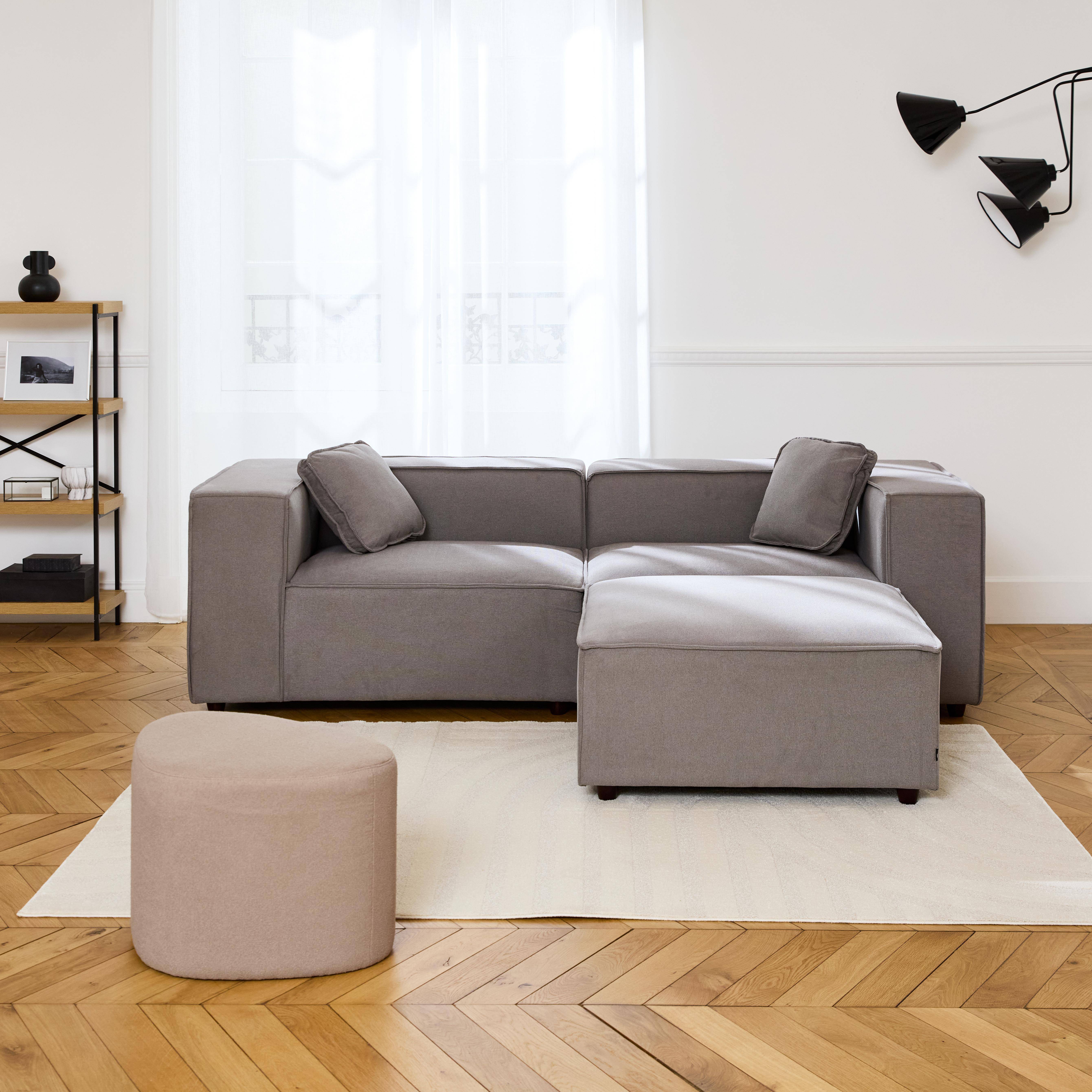 Modular sofa in grey fabric, 2-3 seater, water-repellent, 2 corners + 1 footstool Photo1