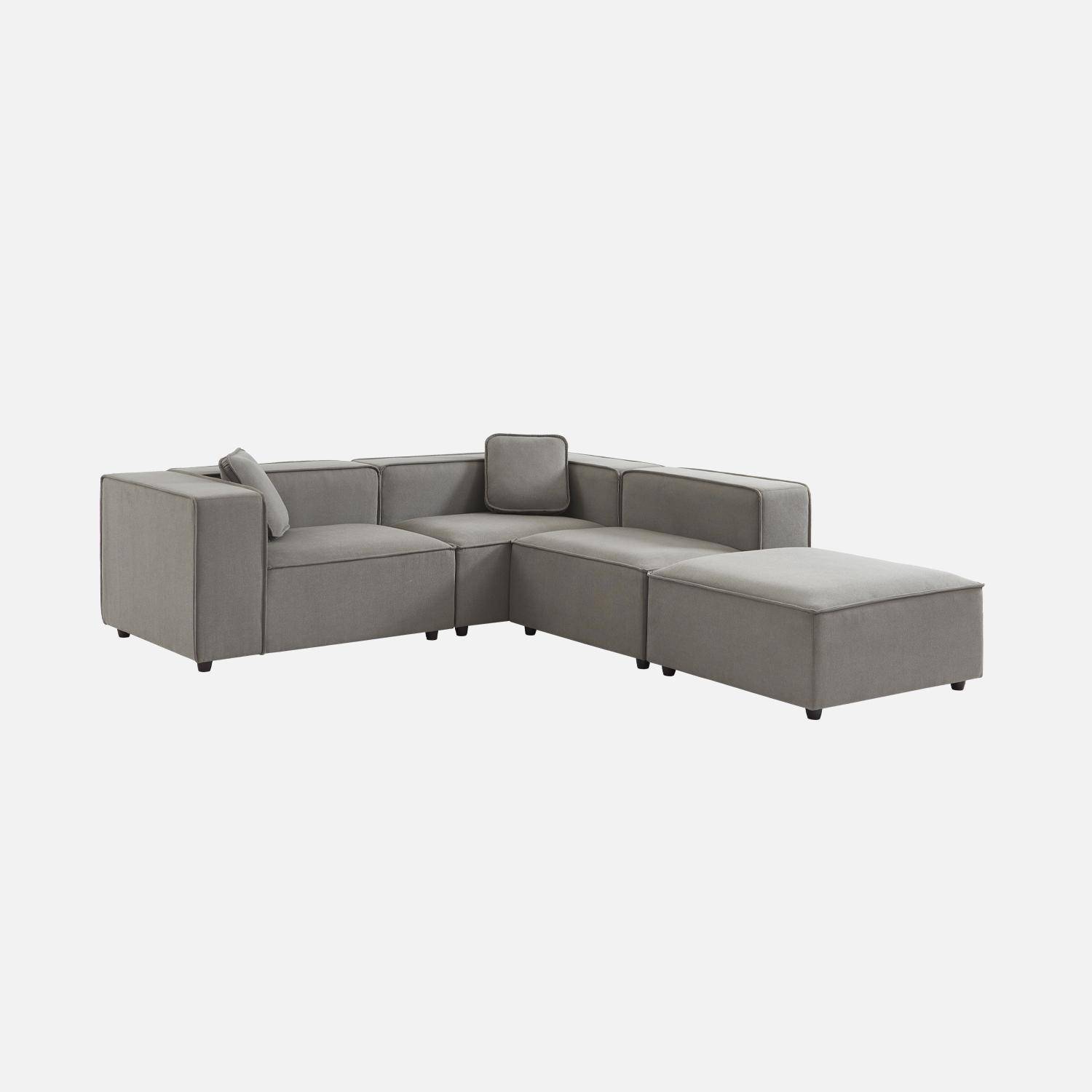 Modular sofa in water-repellent grey fabric for 3-4 people, 2 corners + 1 seat + 1 footstool,sweeek,Photo5