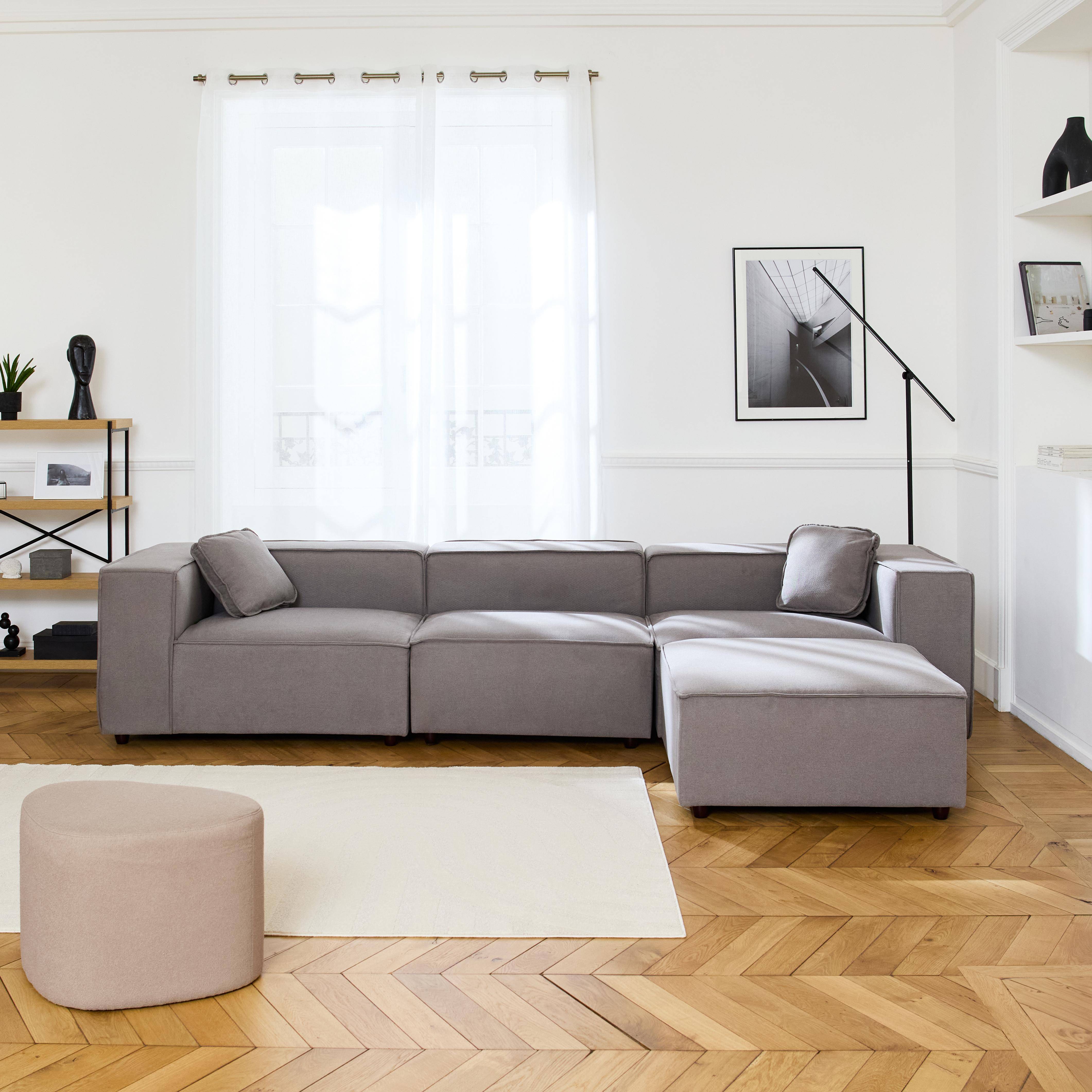 Modular sofa in water-repellent grey fabric for 3-4 people, 2 corners + 1 seat + 1 footstool,sweeek,Photo1