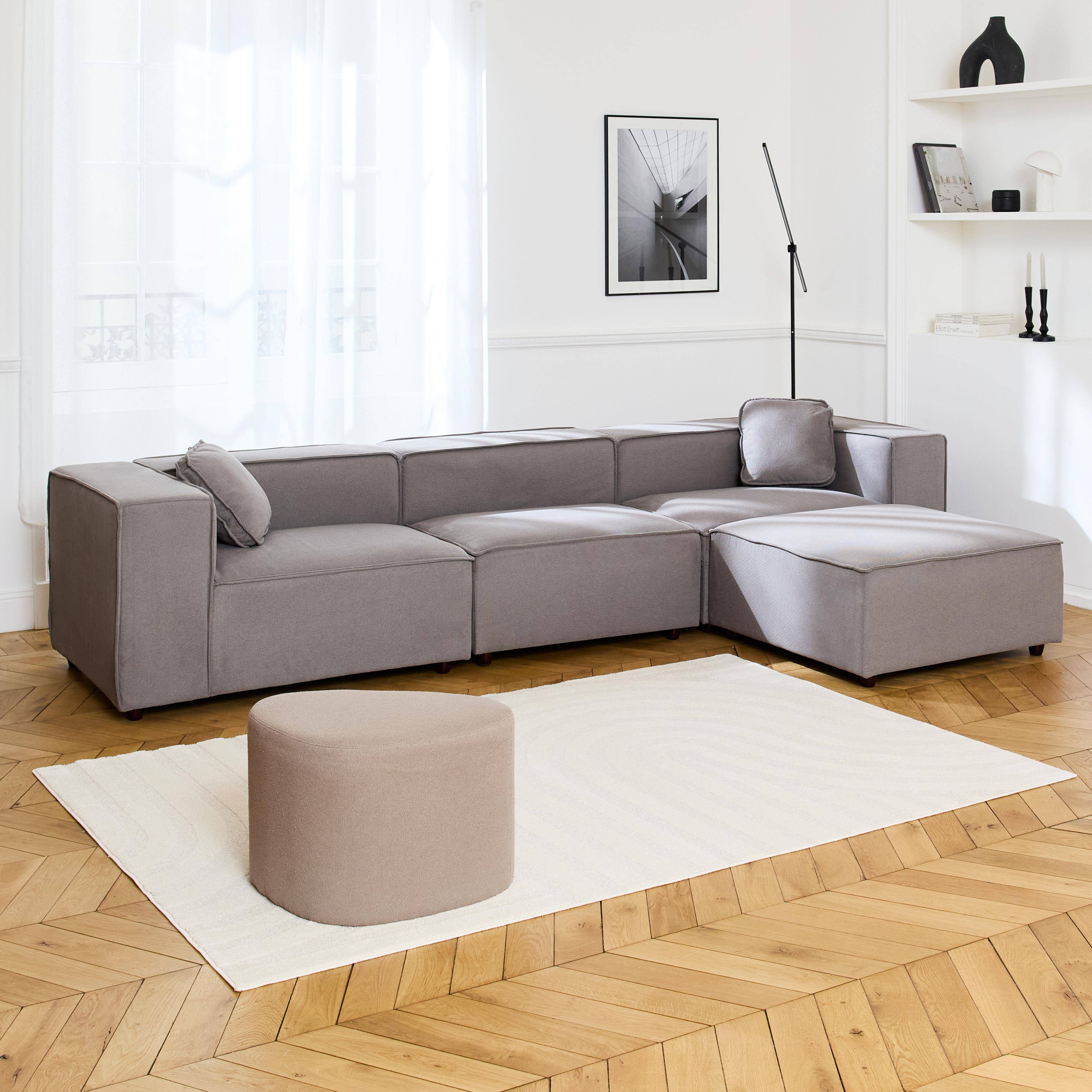 Modular sofa in water-repellent grey fabric for 3-4 people, 2 corners + 1 seat + 1 footstool,sweeek,Photo2