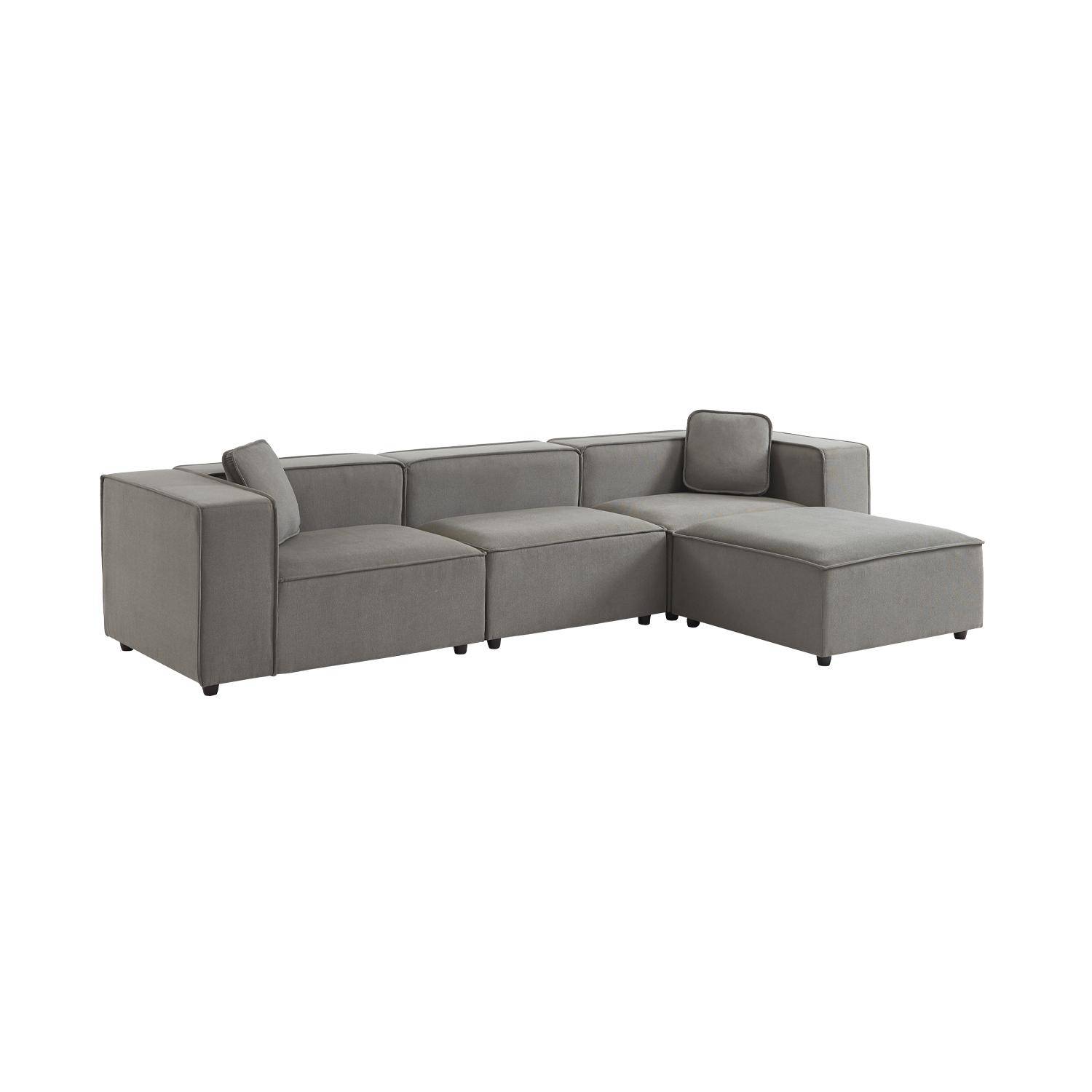 Modular sofa in water-repellent grey fabric for 3-4 people, 2 corners + 1 seat + 1 footstool,sweeek,Photo3