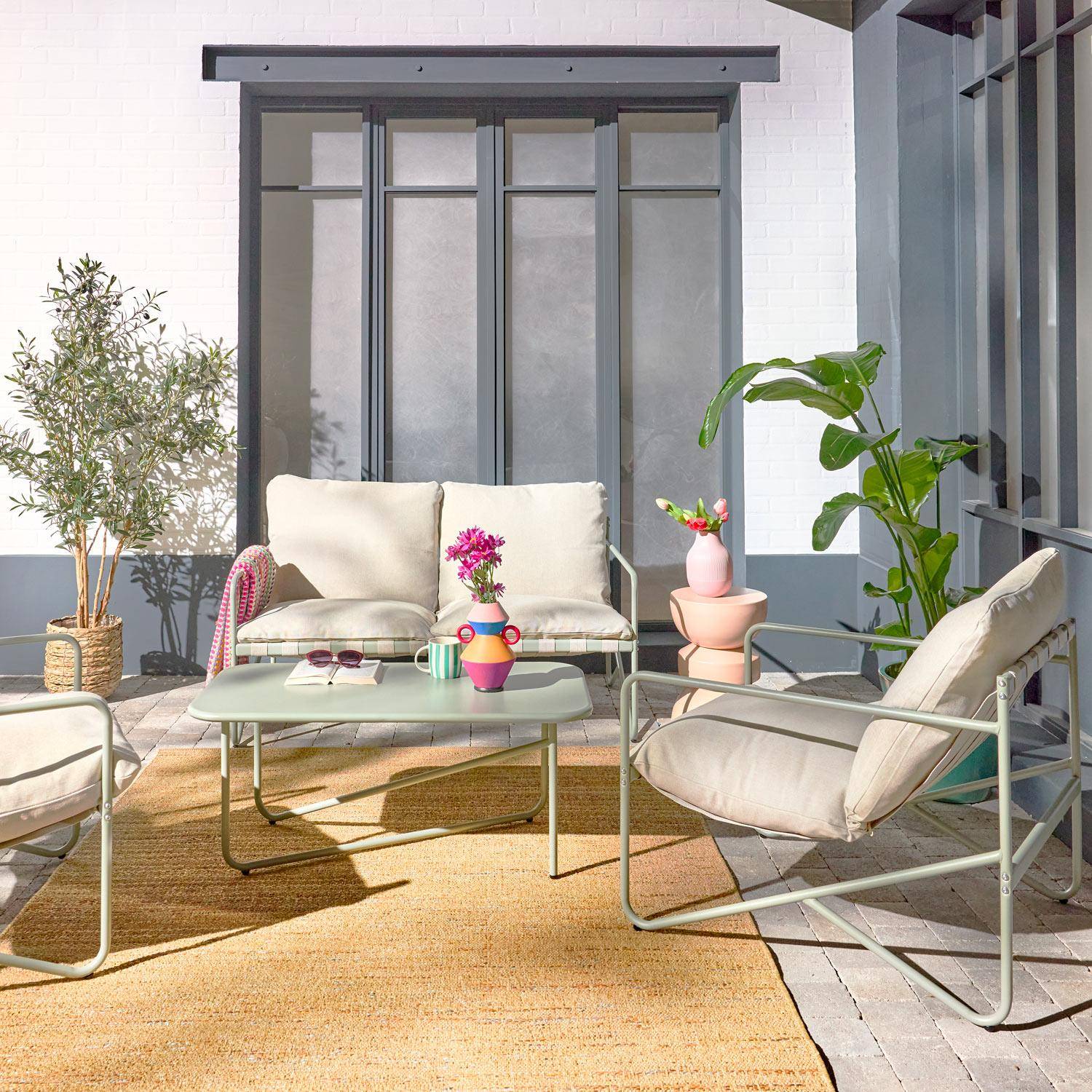 Salon de jardin 4 places avec table en métal, avec des sangles, savane,sweeek,Photo1