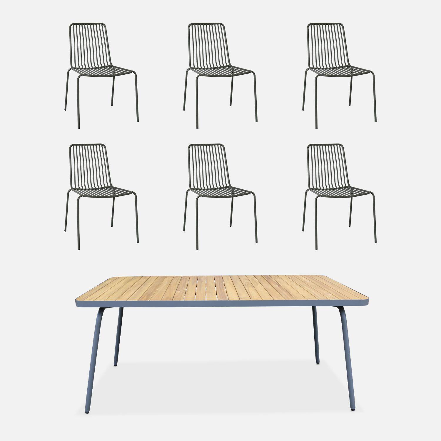 Table de jardin bois et acier, pieds pliables + 6 chaises de jardin empilables, anthracite  Photo1