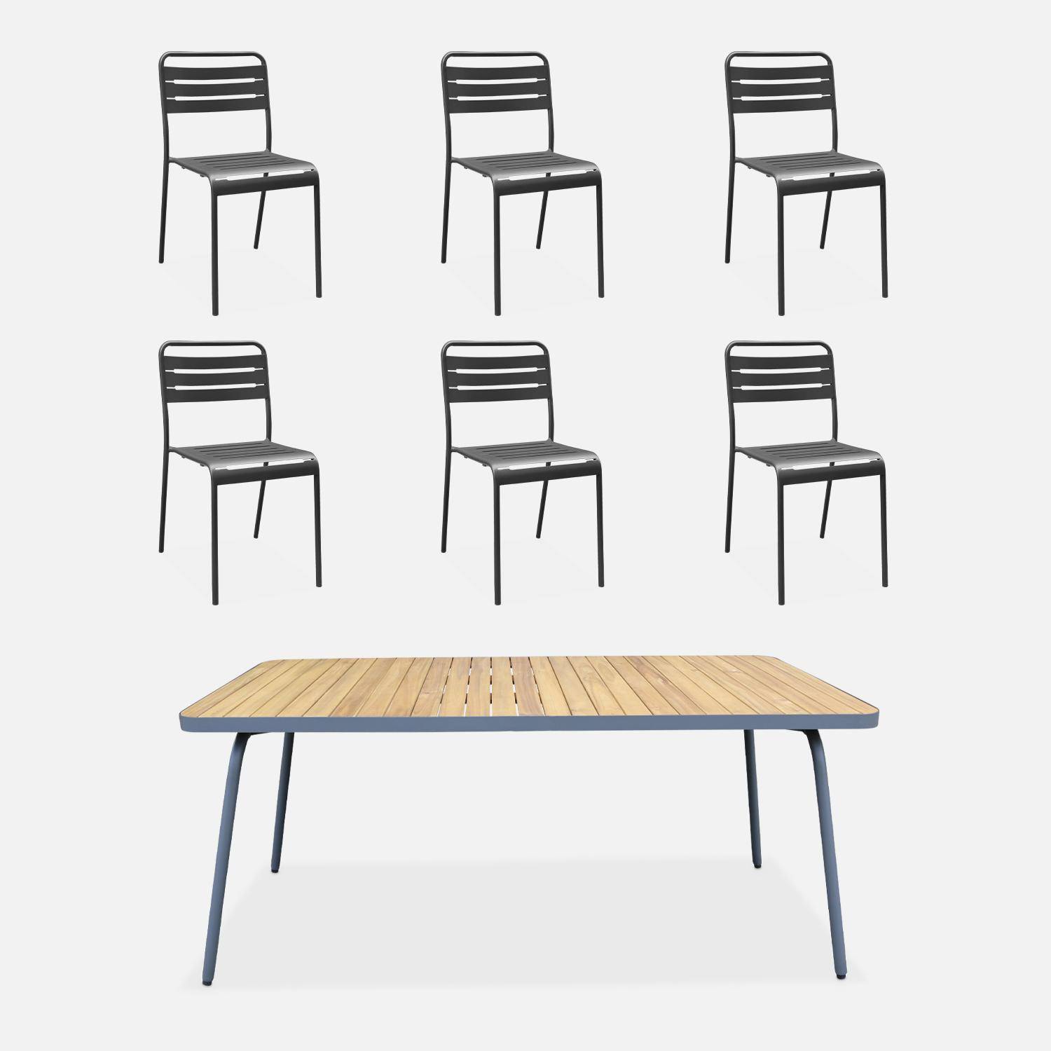 Table de jardin en bois d'acacia FSC, acier, pieds pliables + 6 chaises en acier, anthracite,sweeek,Photo1