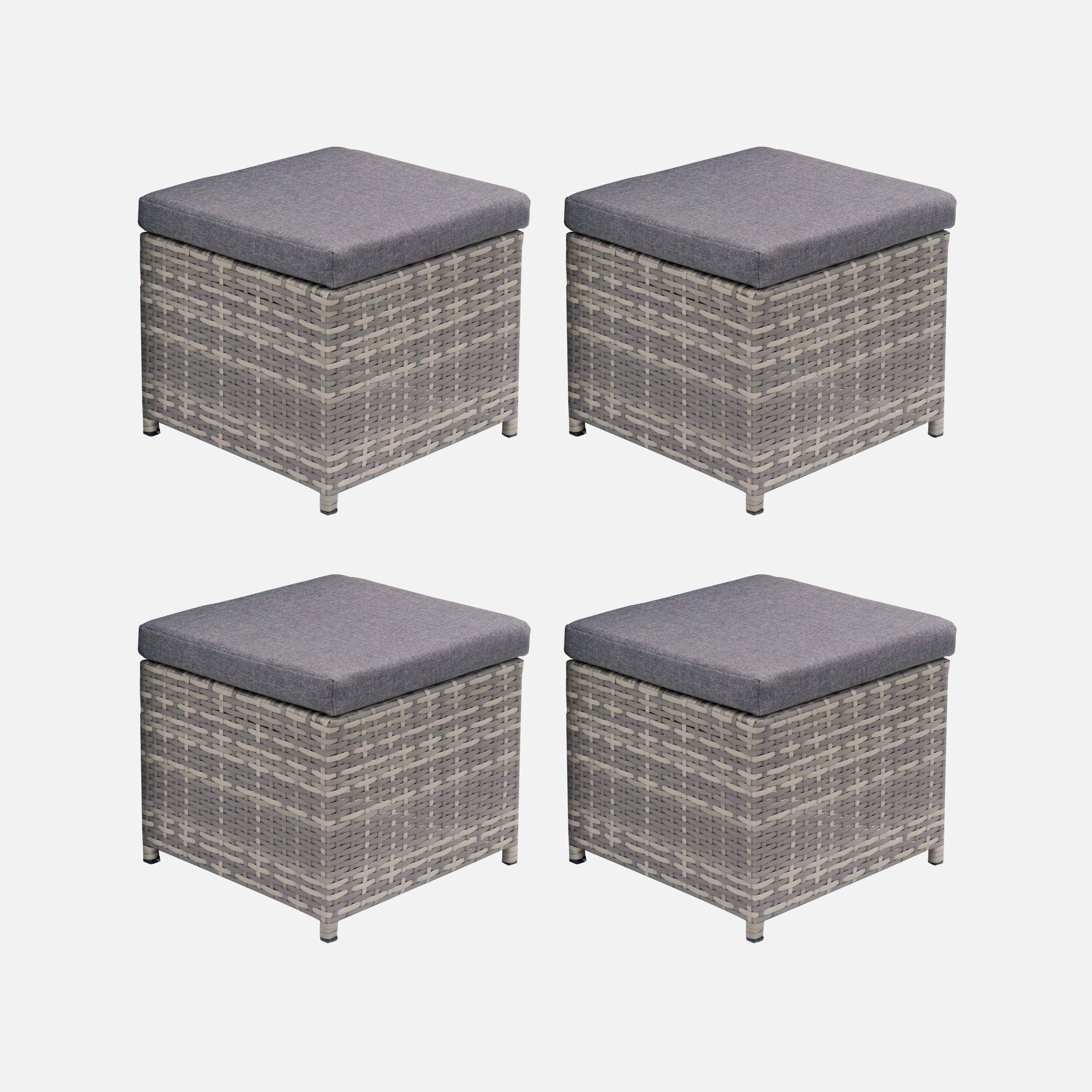 Lot de 4 poufs en résine tressée encastrables gris avec coussins gris chiné  Photo1