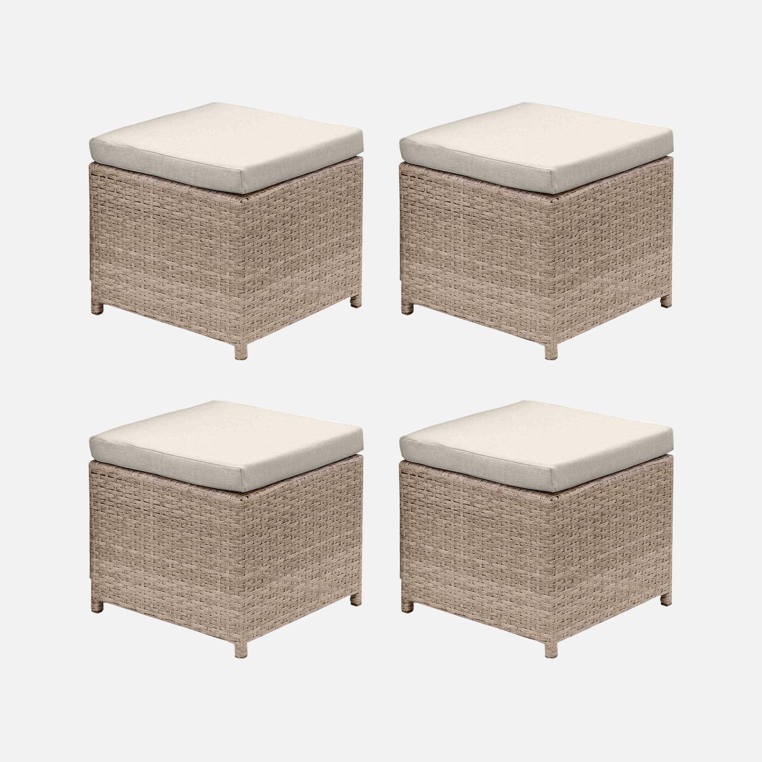 Set van 4 beige geweven hars inbouwpoefen met beige kussens Photo1