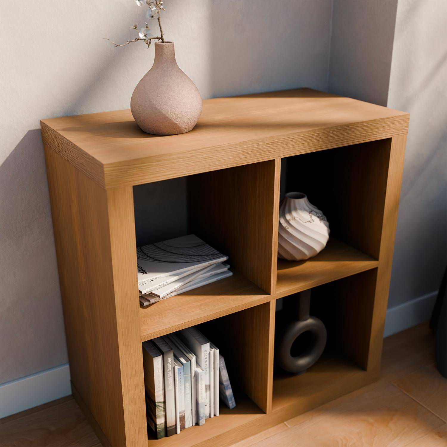 Kubische boekenkast, 2 niveaus, 4 vakken, mangohout effect, B 76 x D 39 x H 76cm Photo2