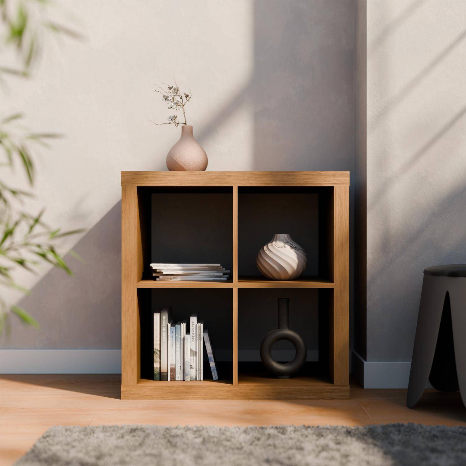 Kubische boekenkast, 2 niveaus, 4 vakken, mangohout effect, B 76 x D 39 x H 76cm Photo1