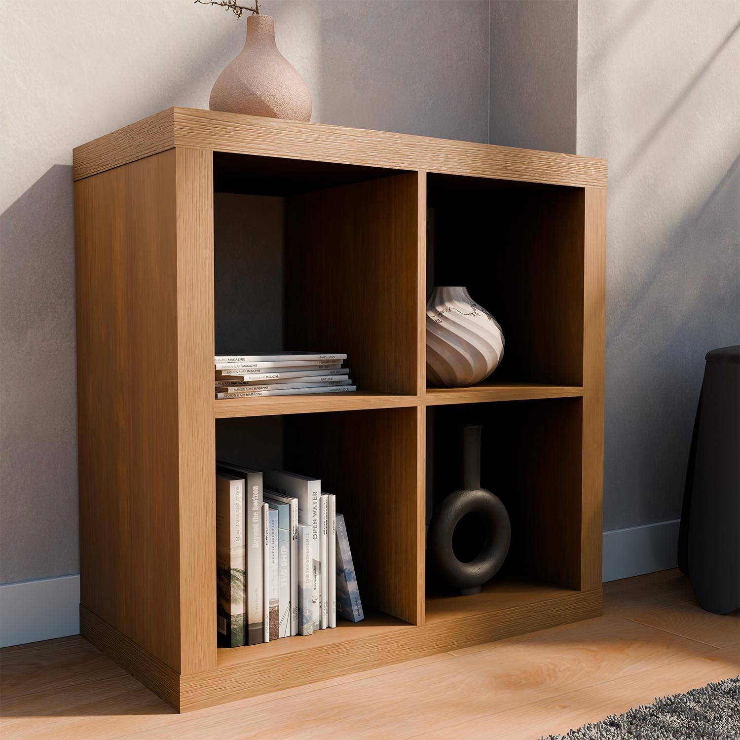 Kubische boekenkast, 2 niveaus, 4 vakken, mangohout effect, B 76 x D 39 x H 76cm Photo3