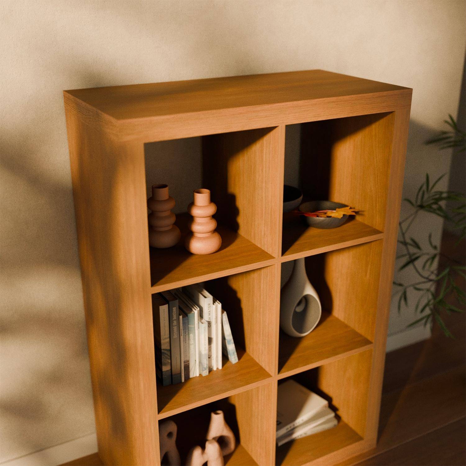 Etagère bibliothèque 2 niveaux 6 compartiments, casiers, effet bois de manguier, L 111,2 x P 39 x H 76cm Photo5