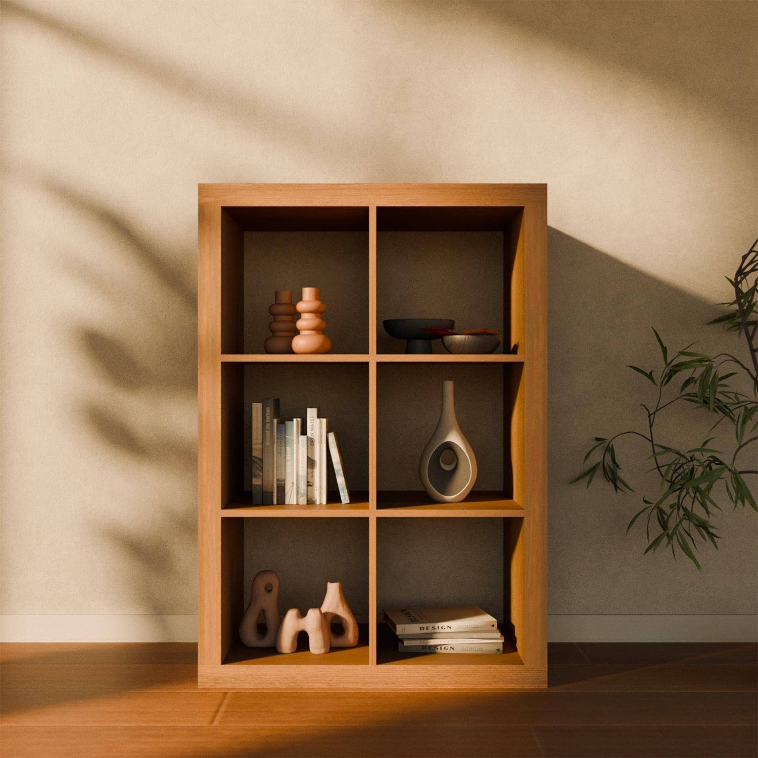 Etagère bibliothèque 2 niveaux 6 compartiments, casiers, effet bois de manguier, L 111,2 x P 39 x H 76cm Photo4