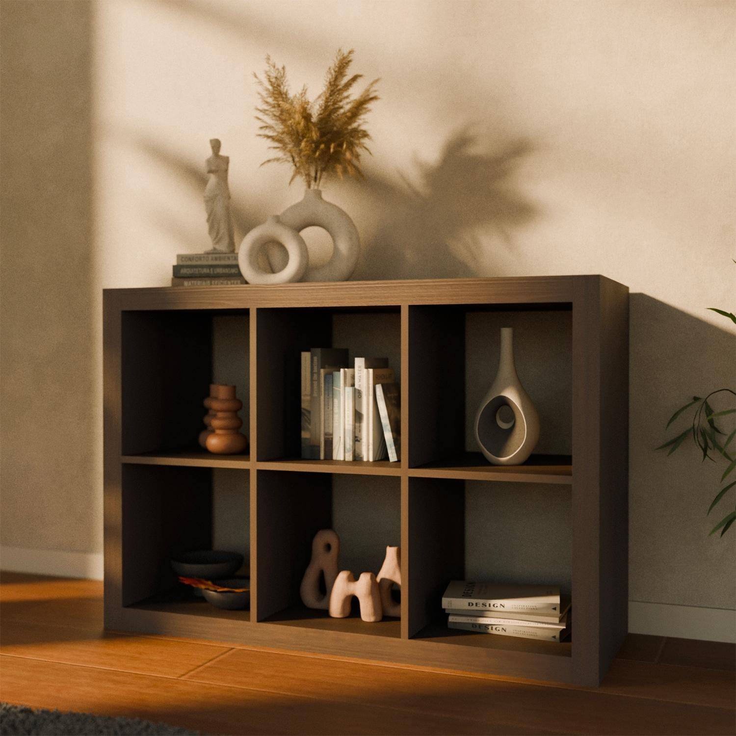 Boekenkast met 6 vakken op 2 niveaus, walnoot houteffect, B 111,2 x D 39 x H 76cm Photo3